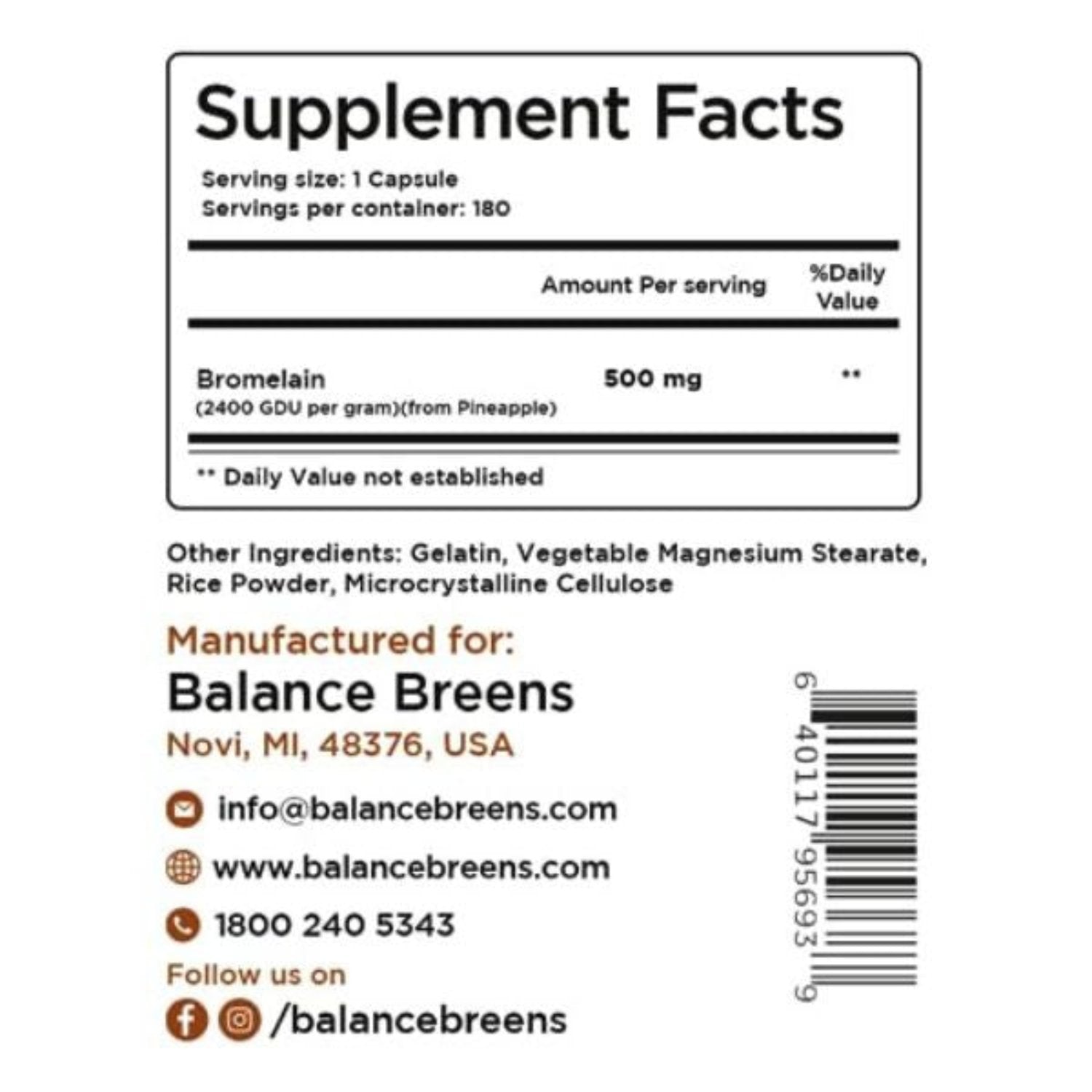 Bromelain 500mg, 180 Capsules