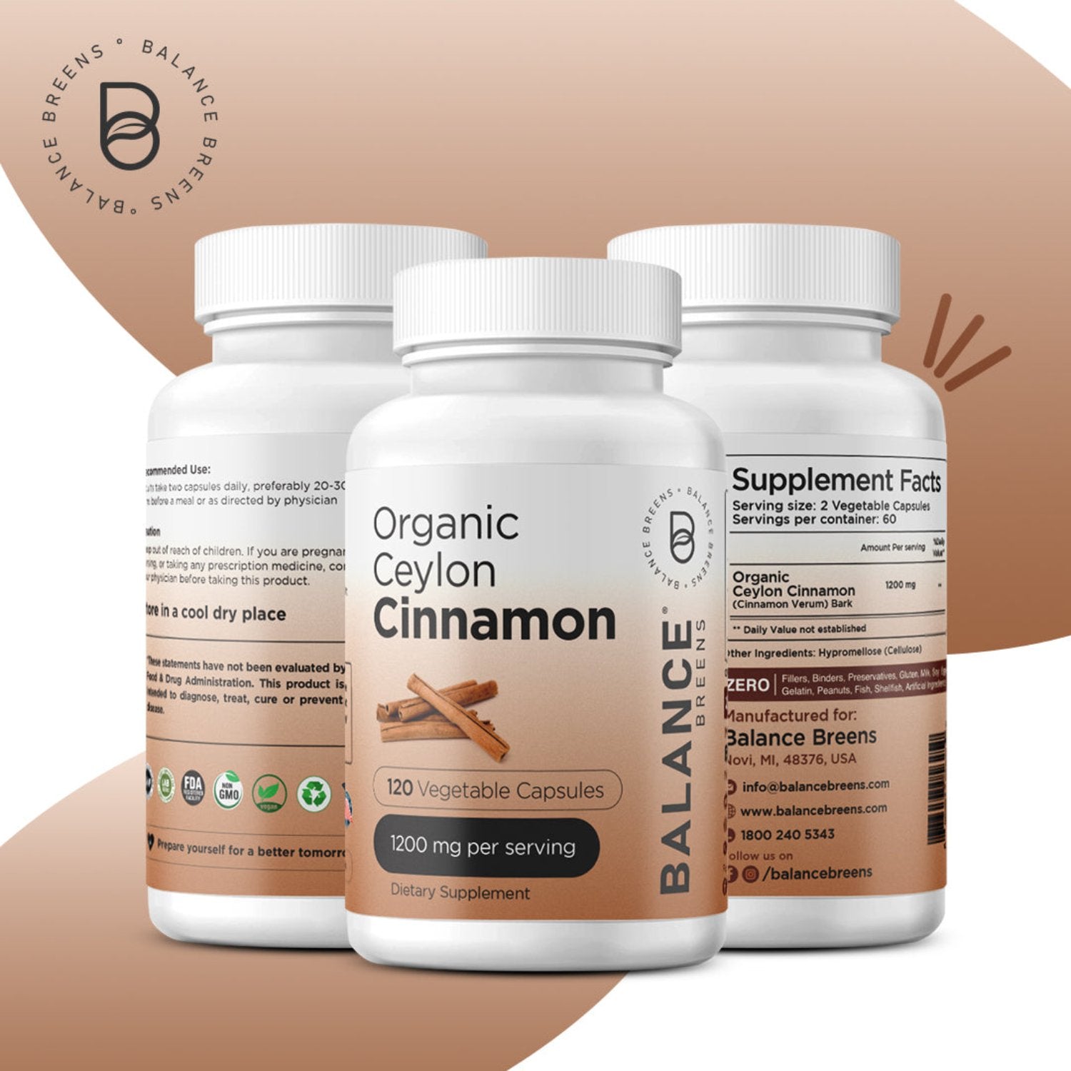 Organic Ceylon Cinnamon 1200mg, 120 Veggie Capsules