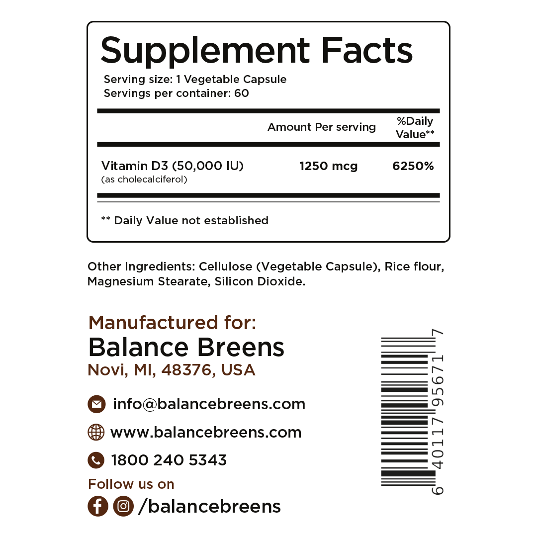 Vitamin D3 50,000 IU, 1200mcg per serving, 60 Veggie Capsules