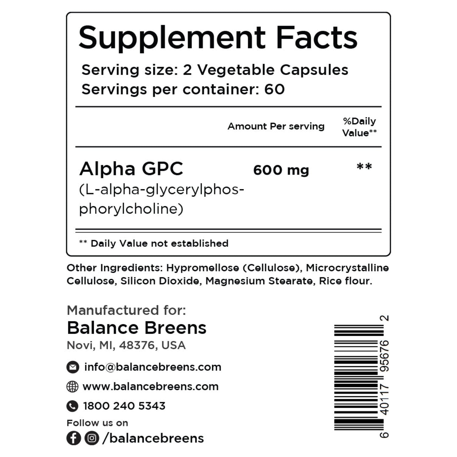 Alpha GPC Choline, 600mg per serving, 120 Veggie Capsules