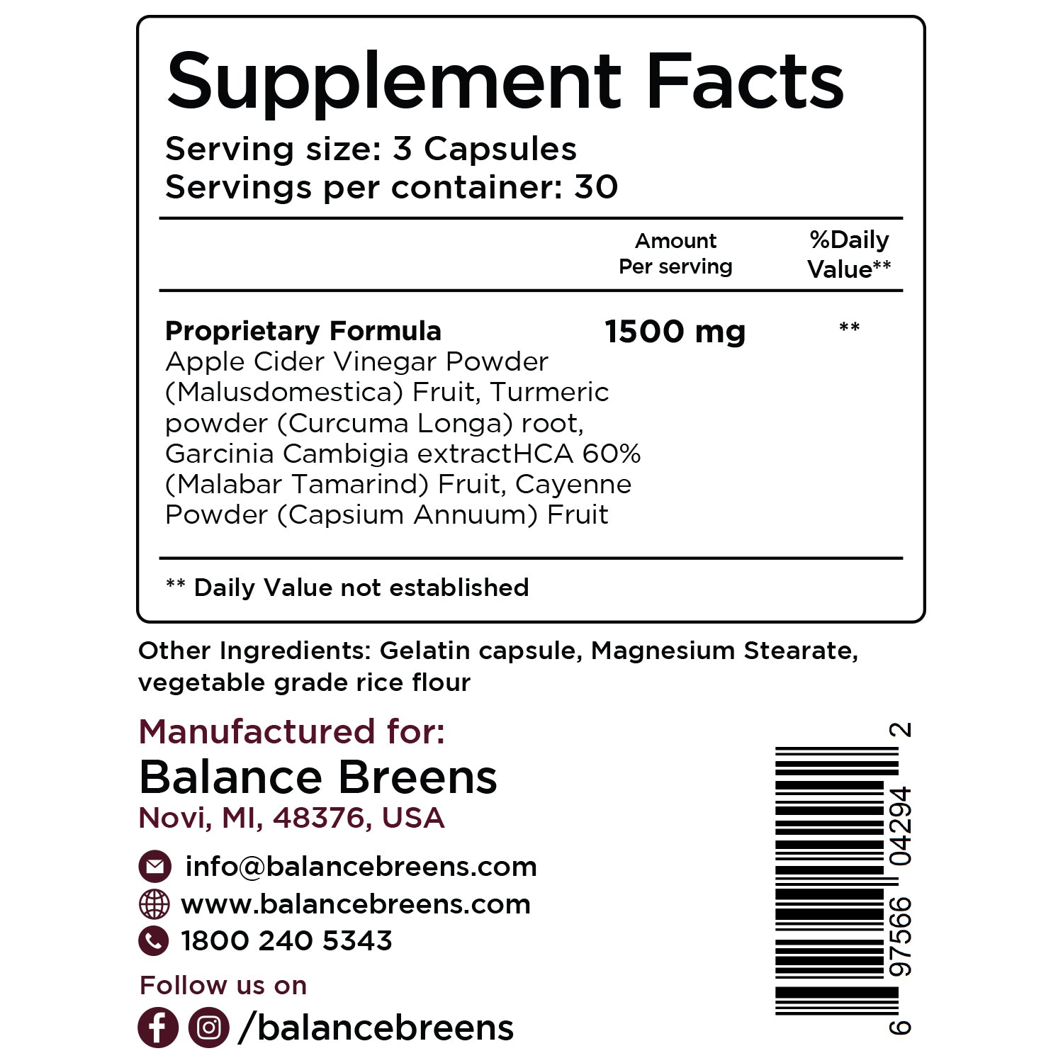 Apple Cider Vinegar with Garcinia, 1500mg per serving, 90 Capsules