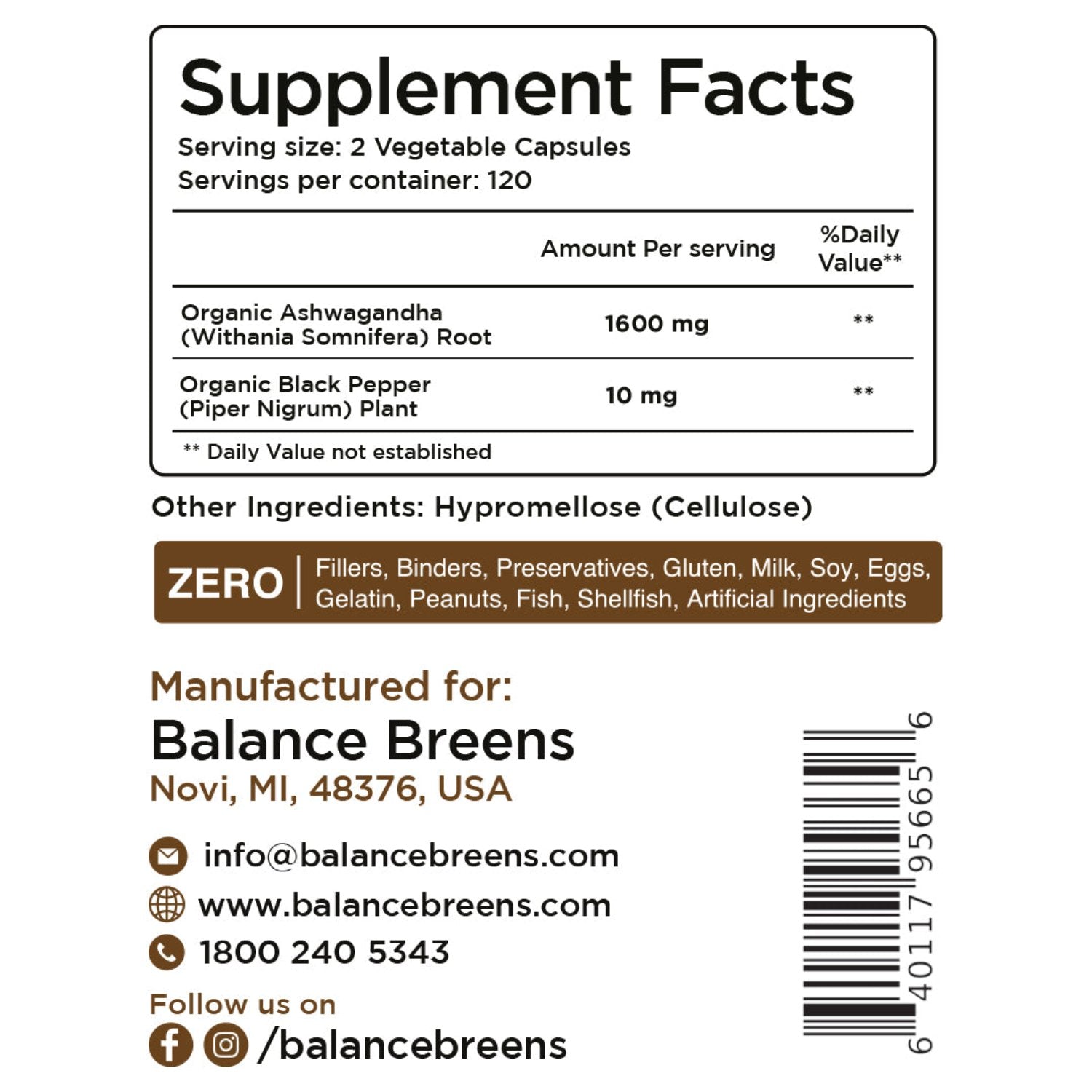 Organic Ashwagandha, 1600mg per serving, 120 Vegan Capsules
