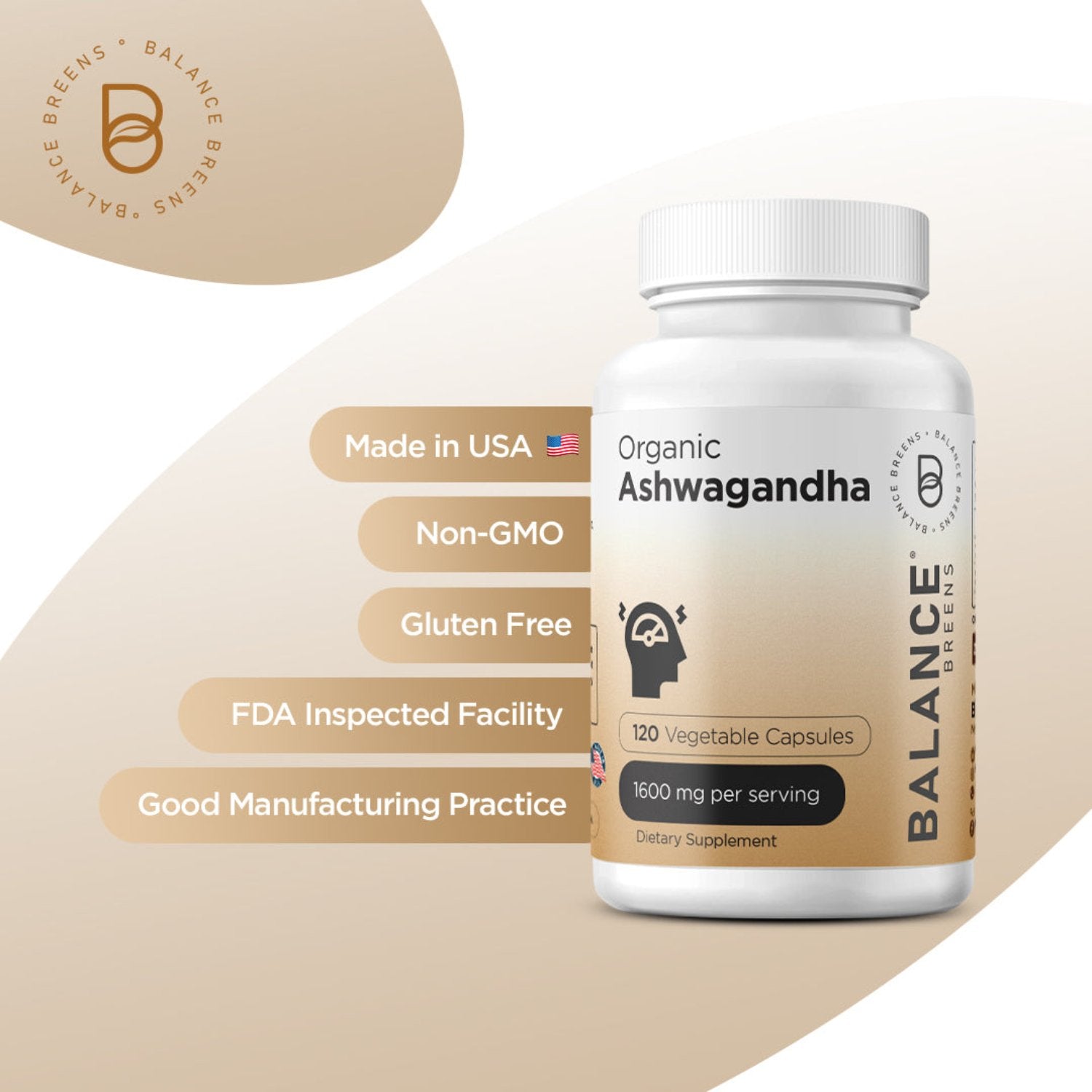Organic Ashwagandha, 1600mg per serving, 120 Vegan Capsules