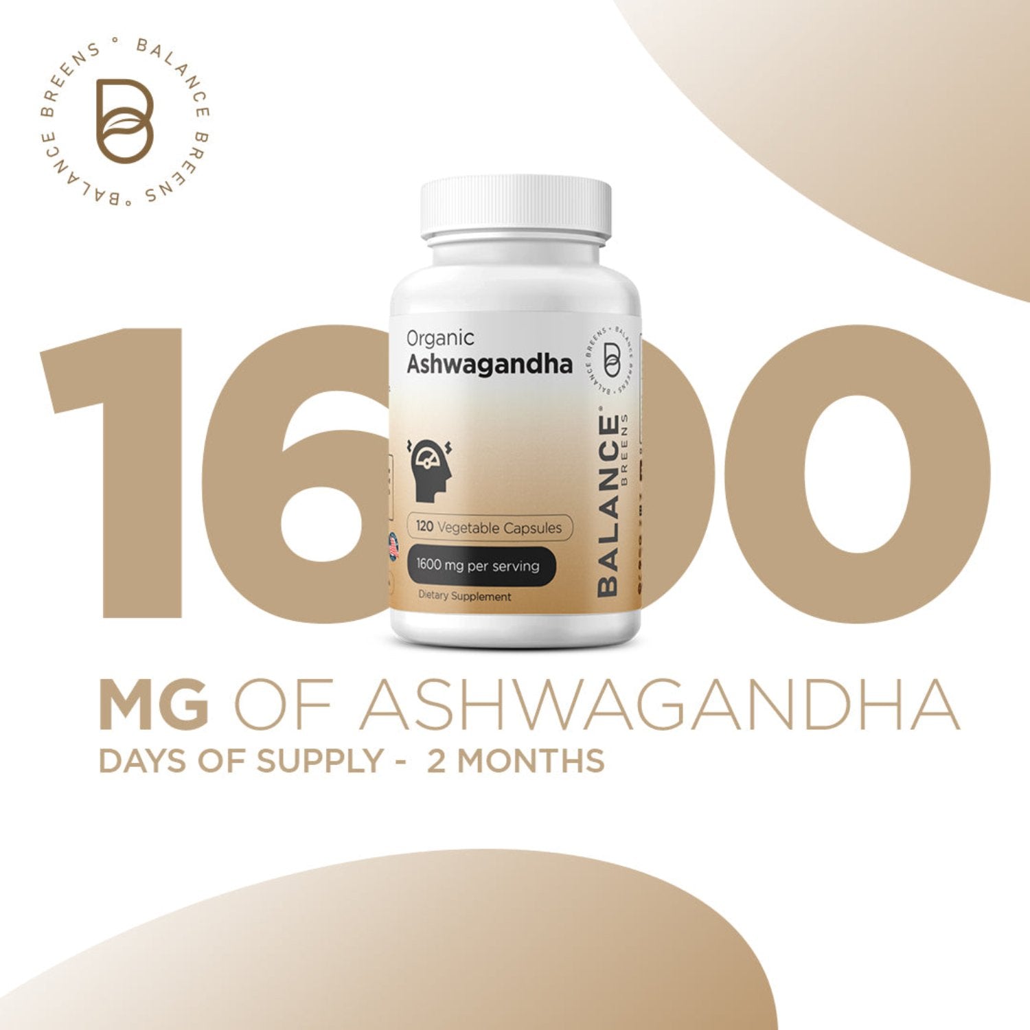 Organic Ashwagandha, 1600mg per serving, 120 Vegan Capsules