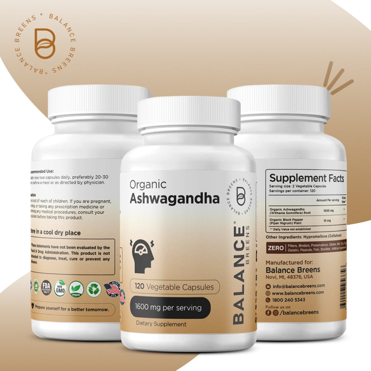 Organic Ashwagandha, 1600mg per serving, 120 Vegan Capsules