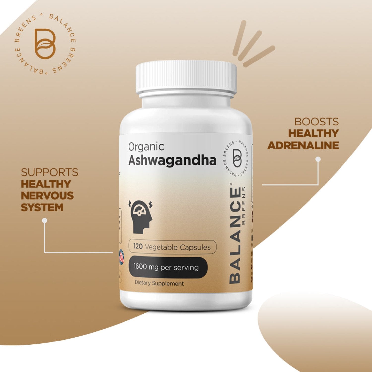 Organic Ashwagandha, 1600mg per serving, 120 Vegan Capsules