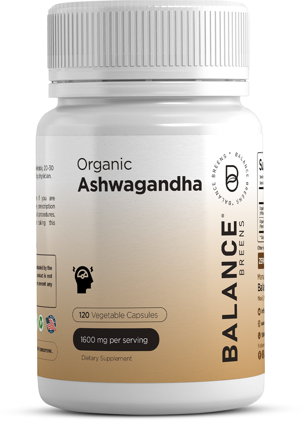 Organic Ashwagandha with Black Pepper 1600mg - 120 Vegan Capsules