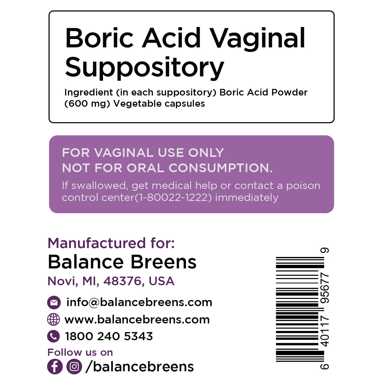 Boric Acid for Women, 600mg, 30 Vaginal Suppositories