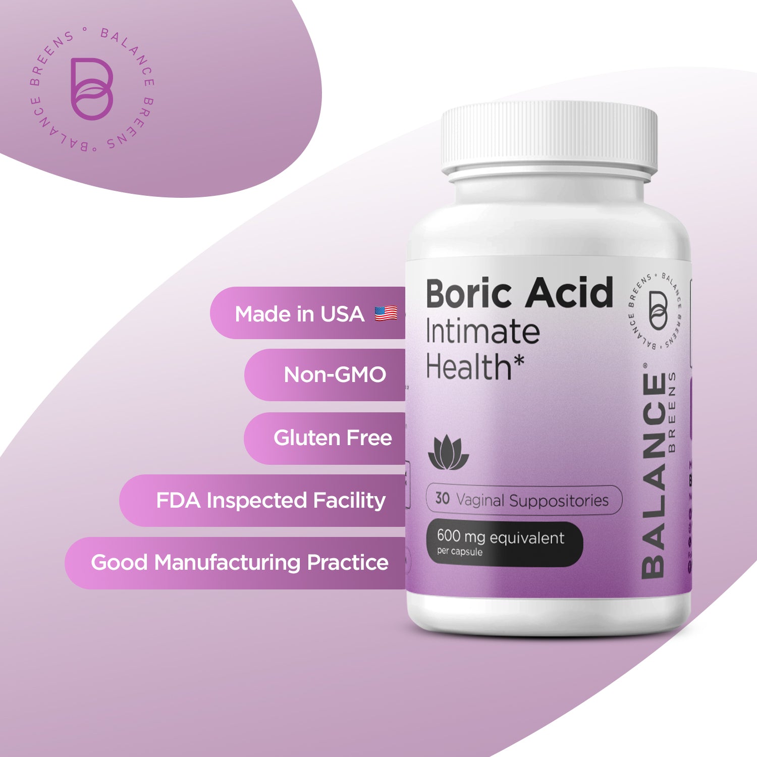 Boric Acid for Women, 600mg, 30 Vaginal Suppositories