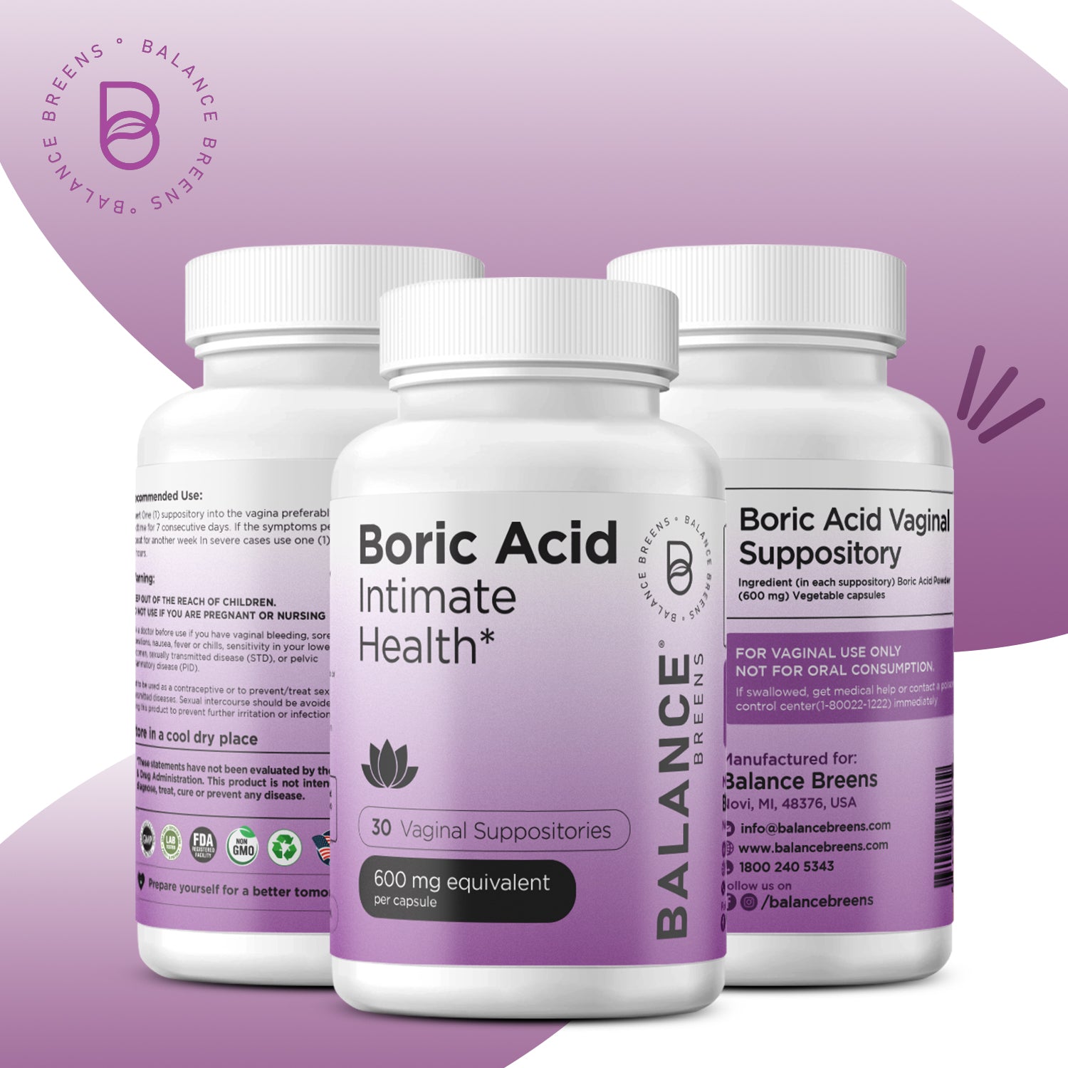 Boric Acid for Women, 600mg, 30 Vaginal Suppositories