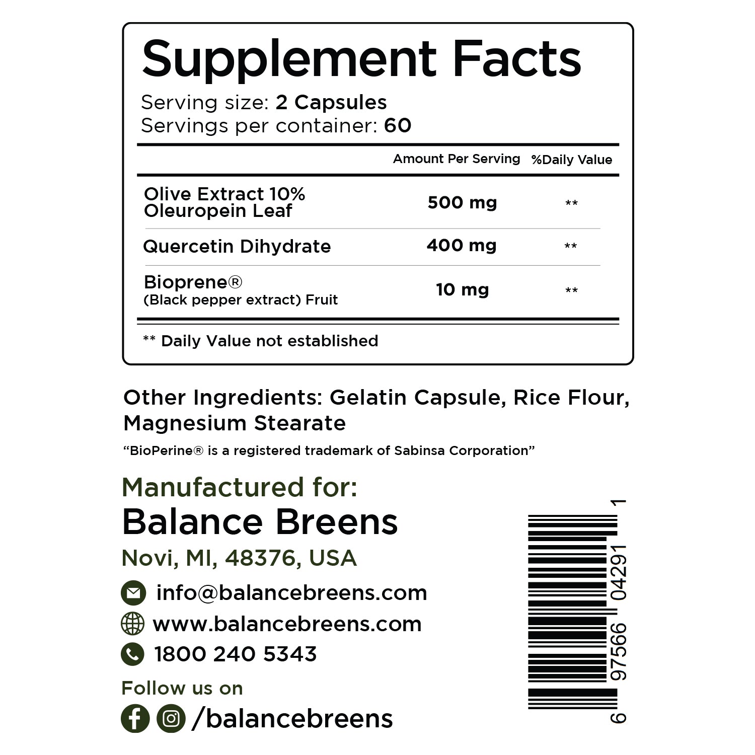 Olive Extract & Quercetin with Bioperine ©, 60 Capsules