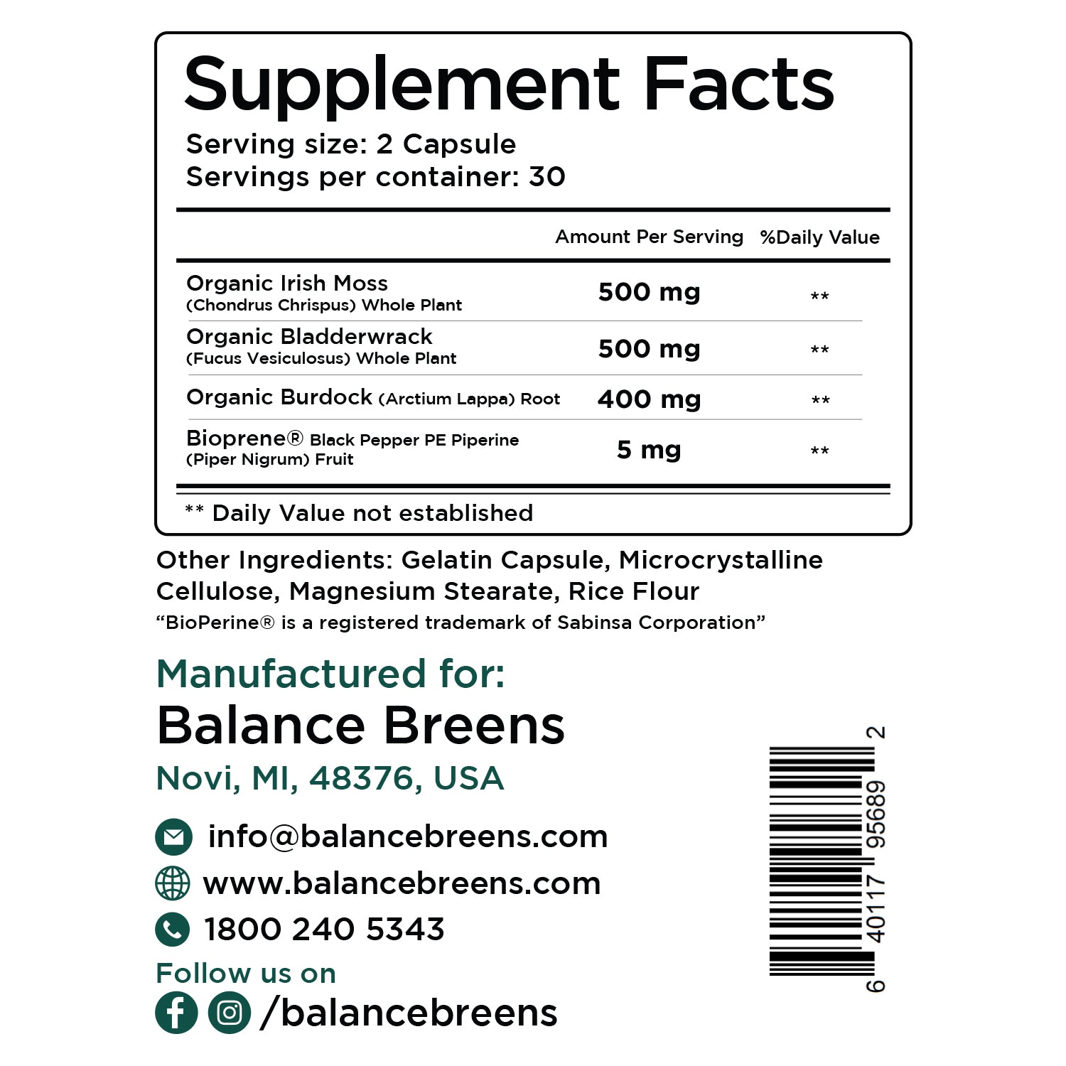 Organic Irish Sea Moss, Bladderwrack, Burdock Root, 60 Capsules