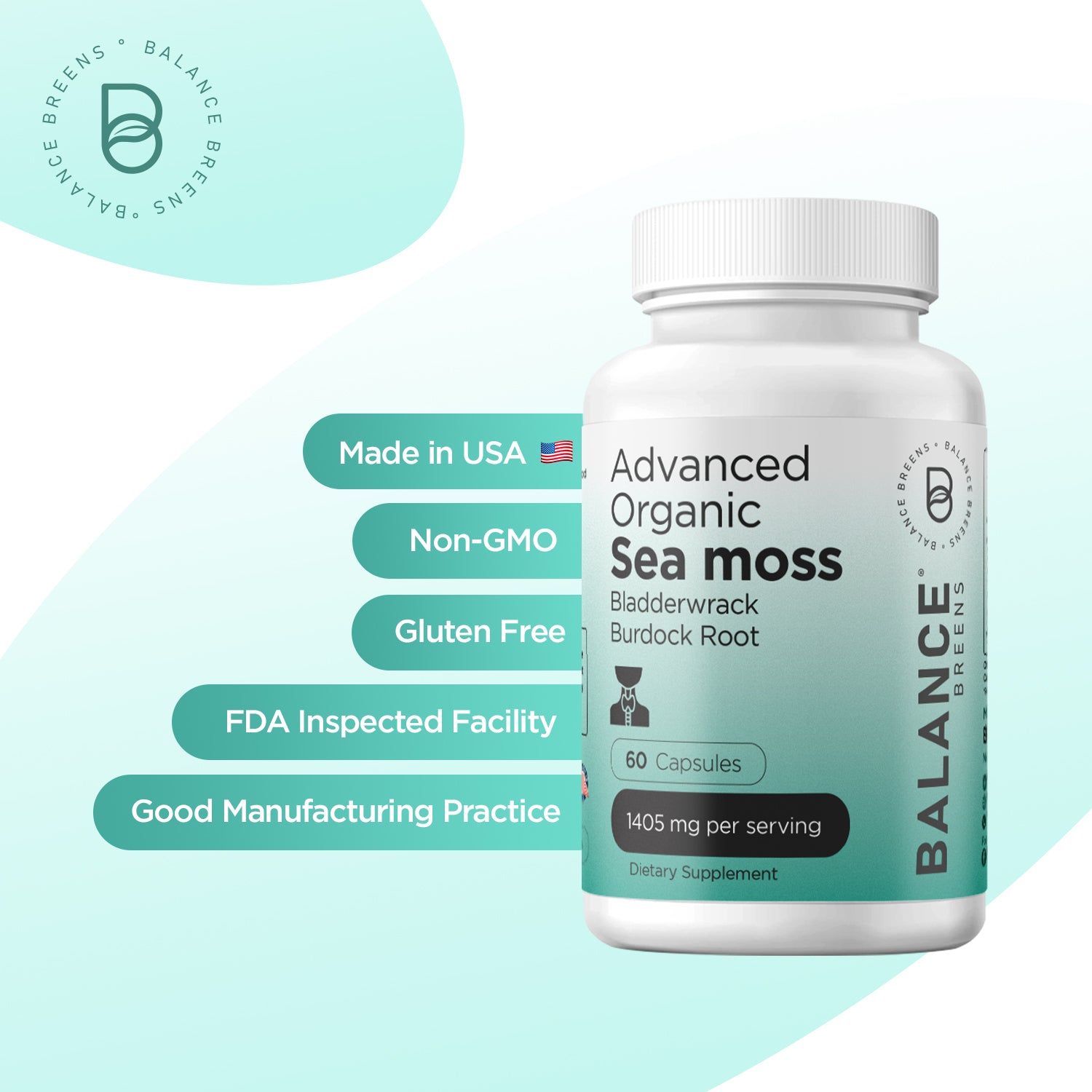 Organic Irish Sea Moss, Bladderwrack, Burdock Root, 60 Capsules