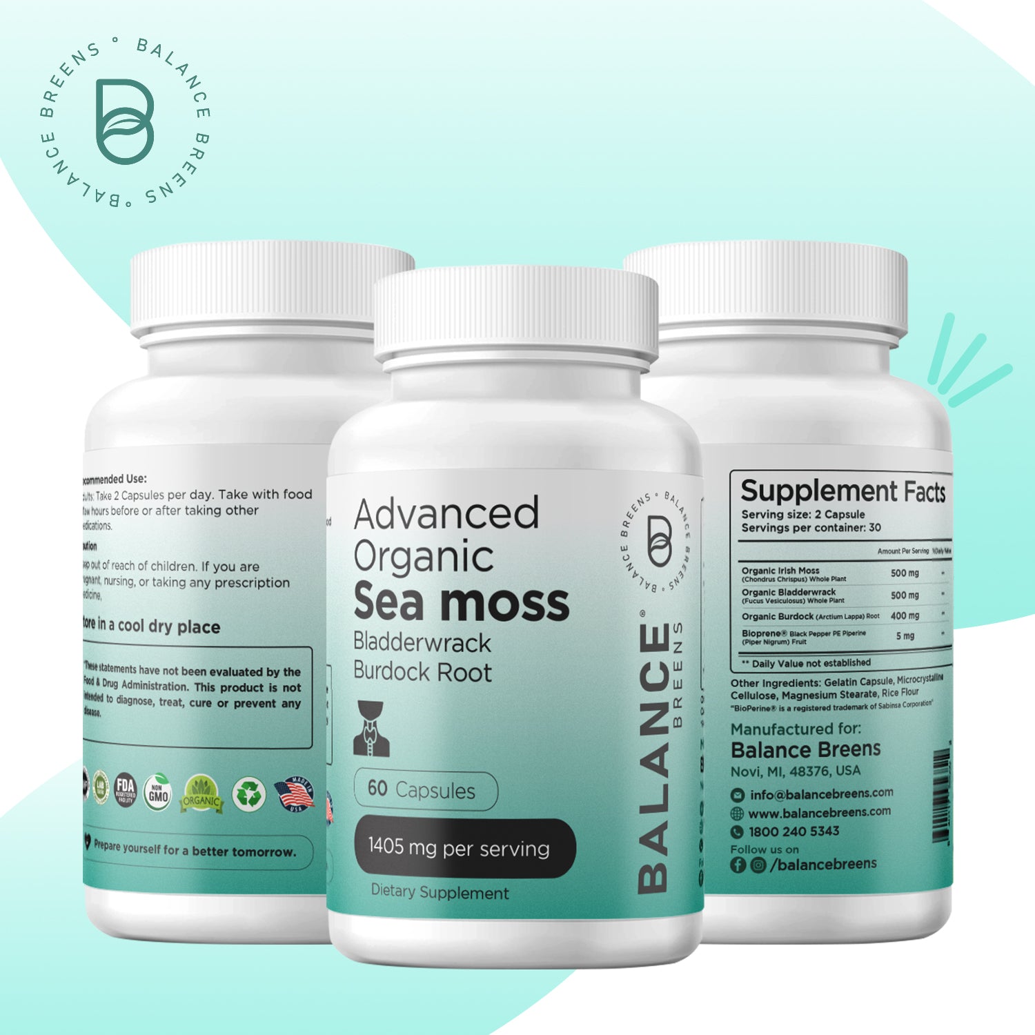 Organic Irish Sea Moss, Bladderwrack, Burdock Root, 60 Capsules
