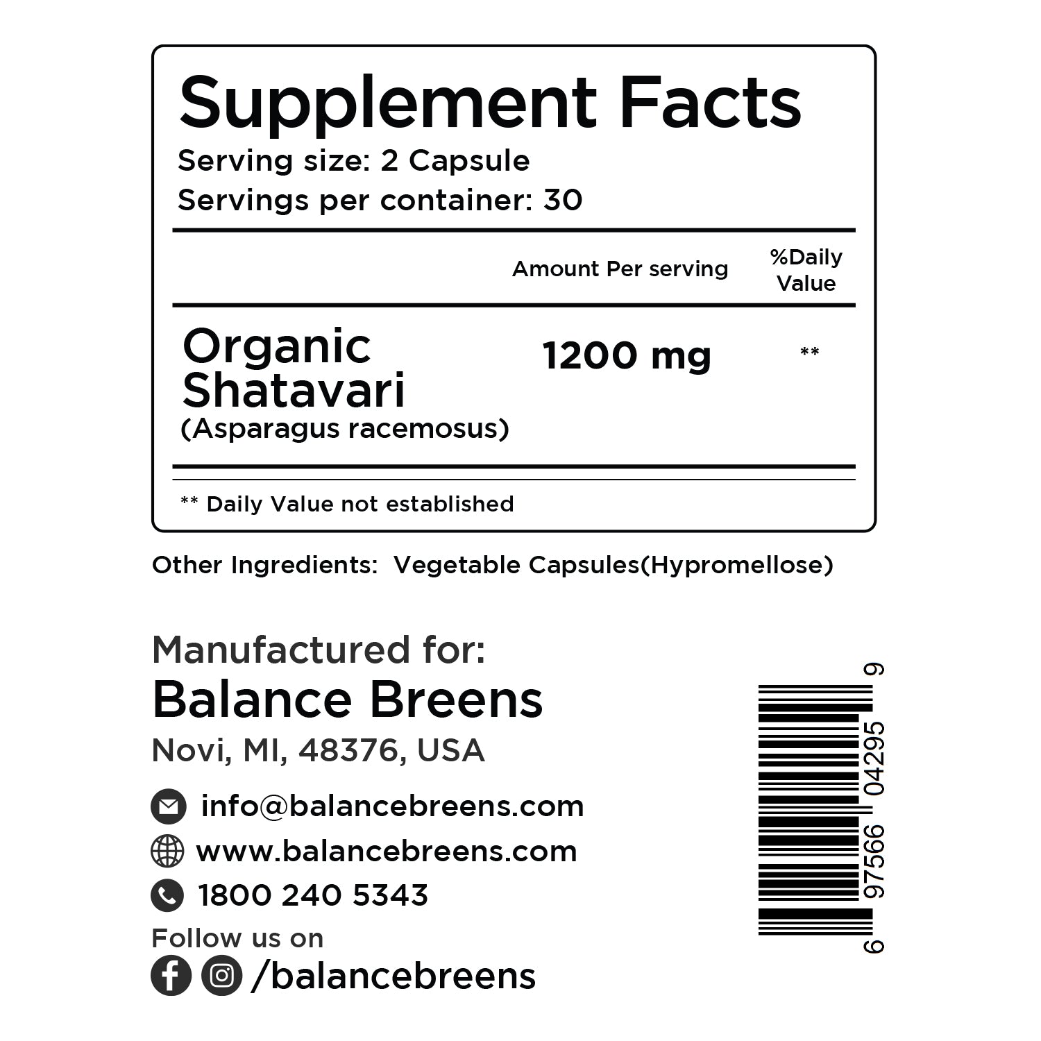 Organic Shatavari 1200mg, 60 Capsules
