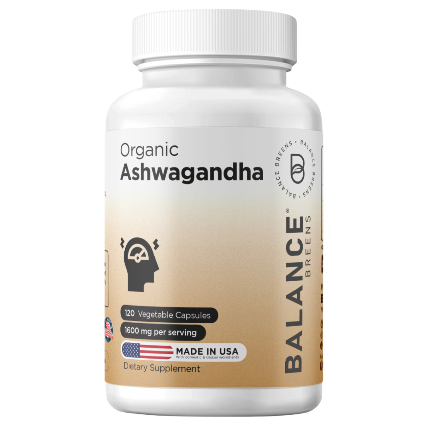 Organic Ashwagandha, 1600mg per serving, 120 Vegan Capsules