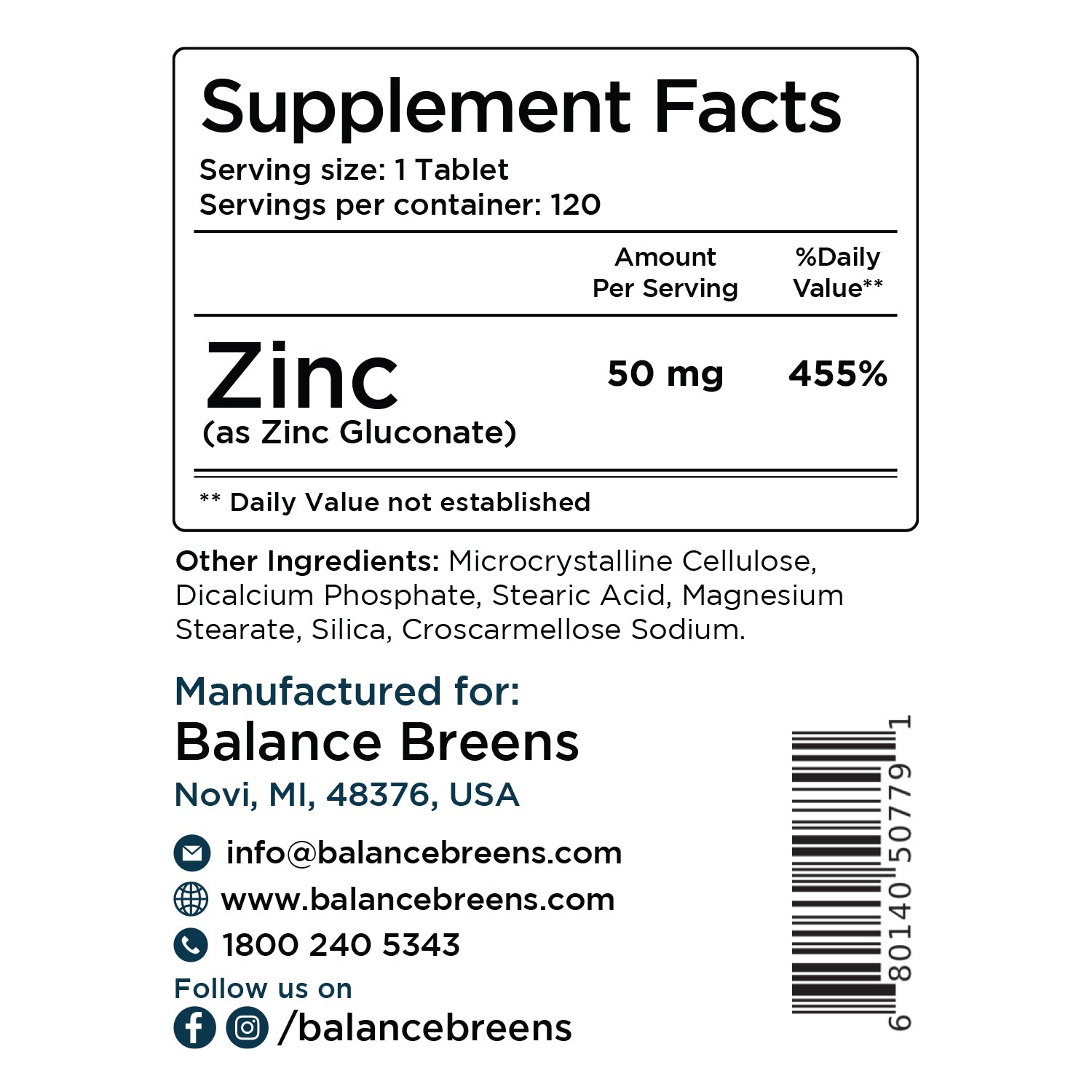 Zinc 50mg per serving, 120 Veggie Tablets