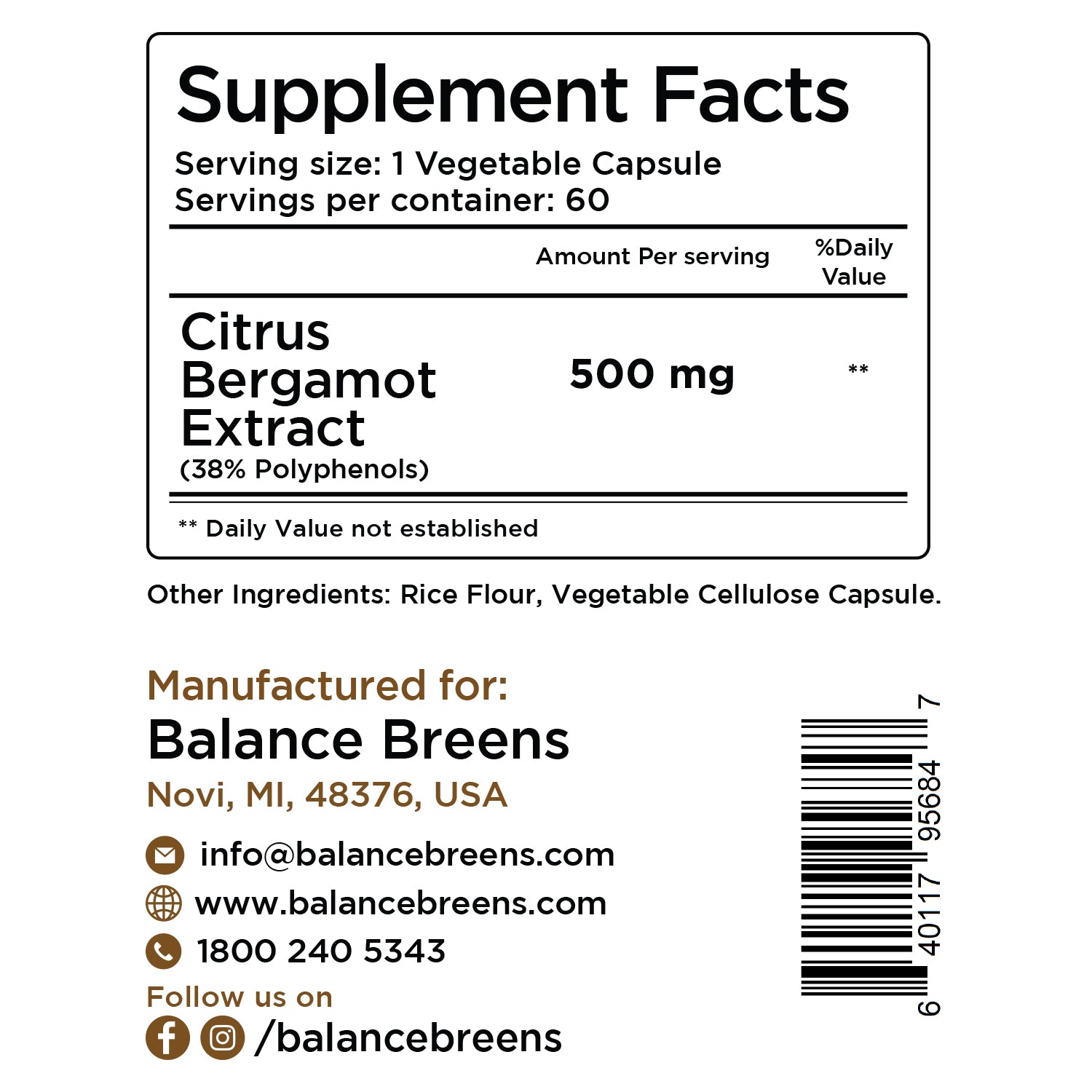 Citrus Bergamot 500mg per serving, 60 Capsules