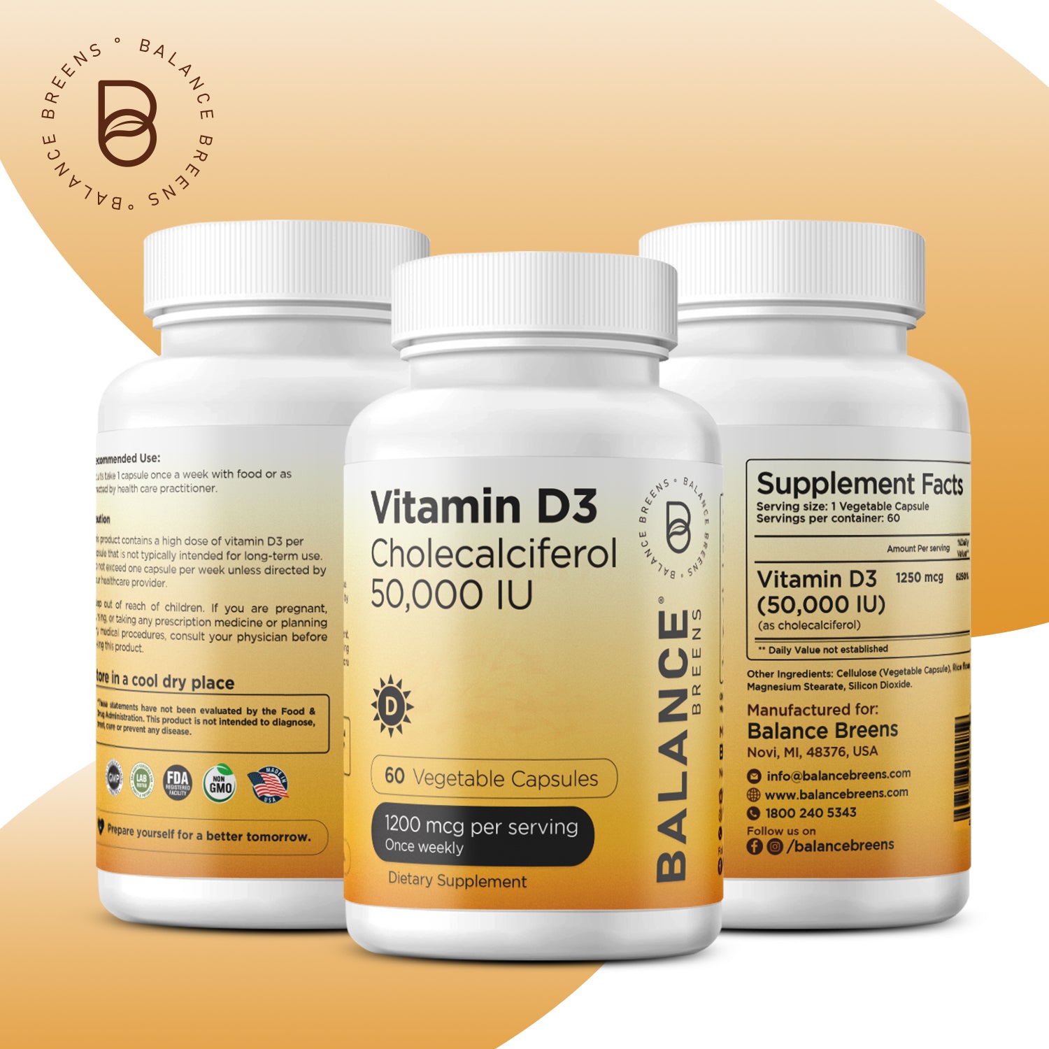 Vitamin D3 50,000 IU, 1200mcg per serving, 60 Veggie Capsules