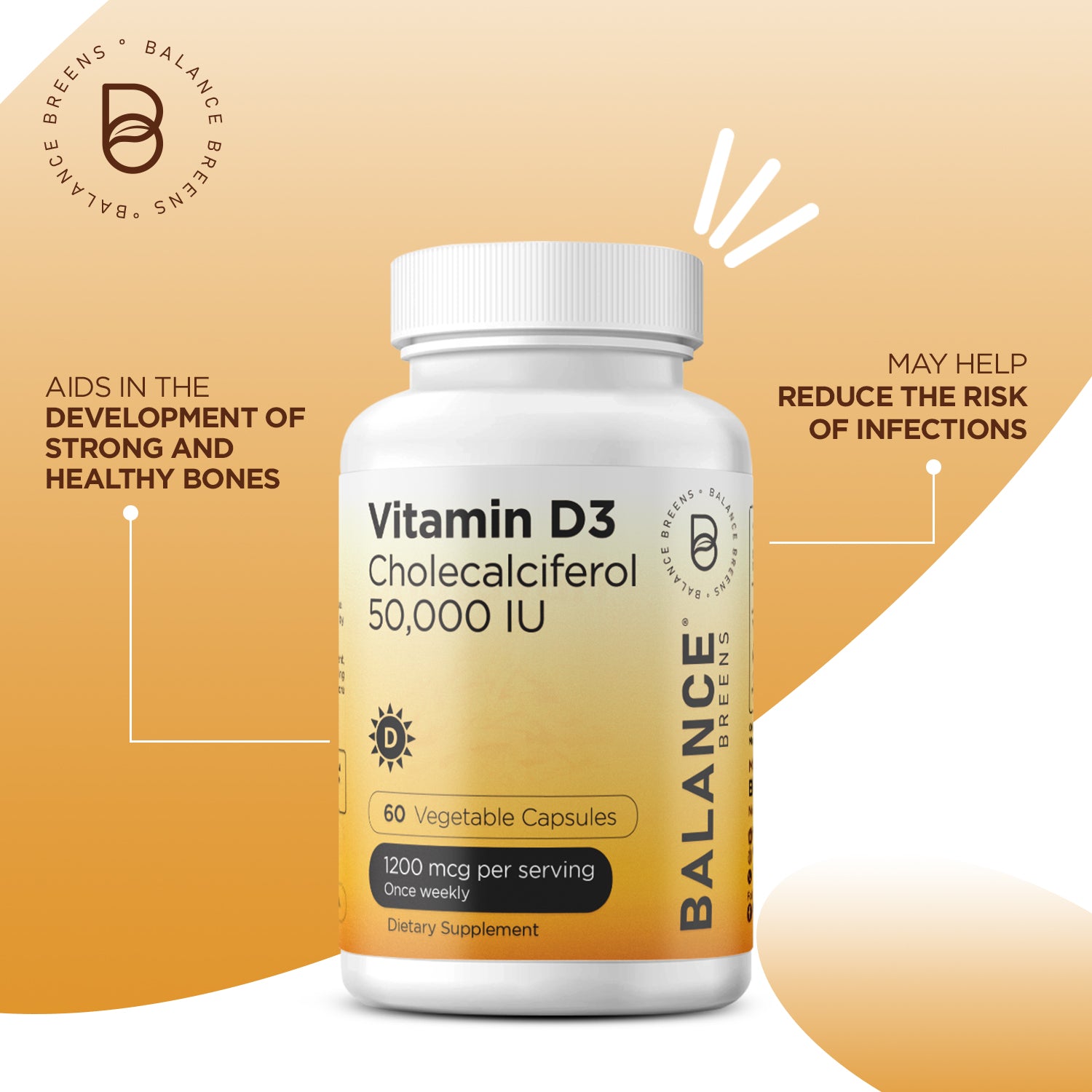 Vitamin D3 50,000 IU, 1200mcg per serving, 60 Veggie Capsules
