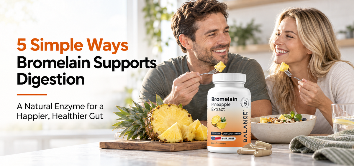 White American couple enjoying fresh pineapple in a bright kitchen beside a Balance Breens Bromelain Pineapple Extract supplement bottle, illustrating natural digestive wellness.