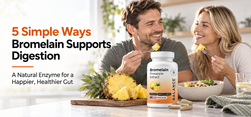 White American couple enjoying fresh pineapple in a bright kitchen beside a Balance Breens Bromelain Pineapple Extract supplement bottle, illustrating natural digestive wellness.