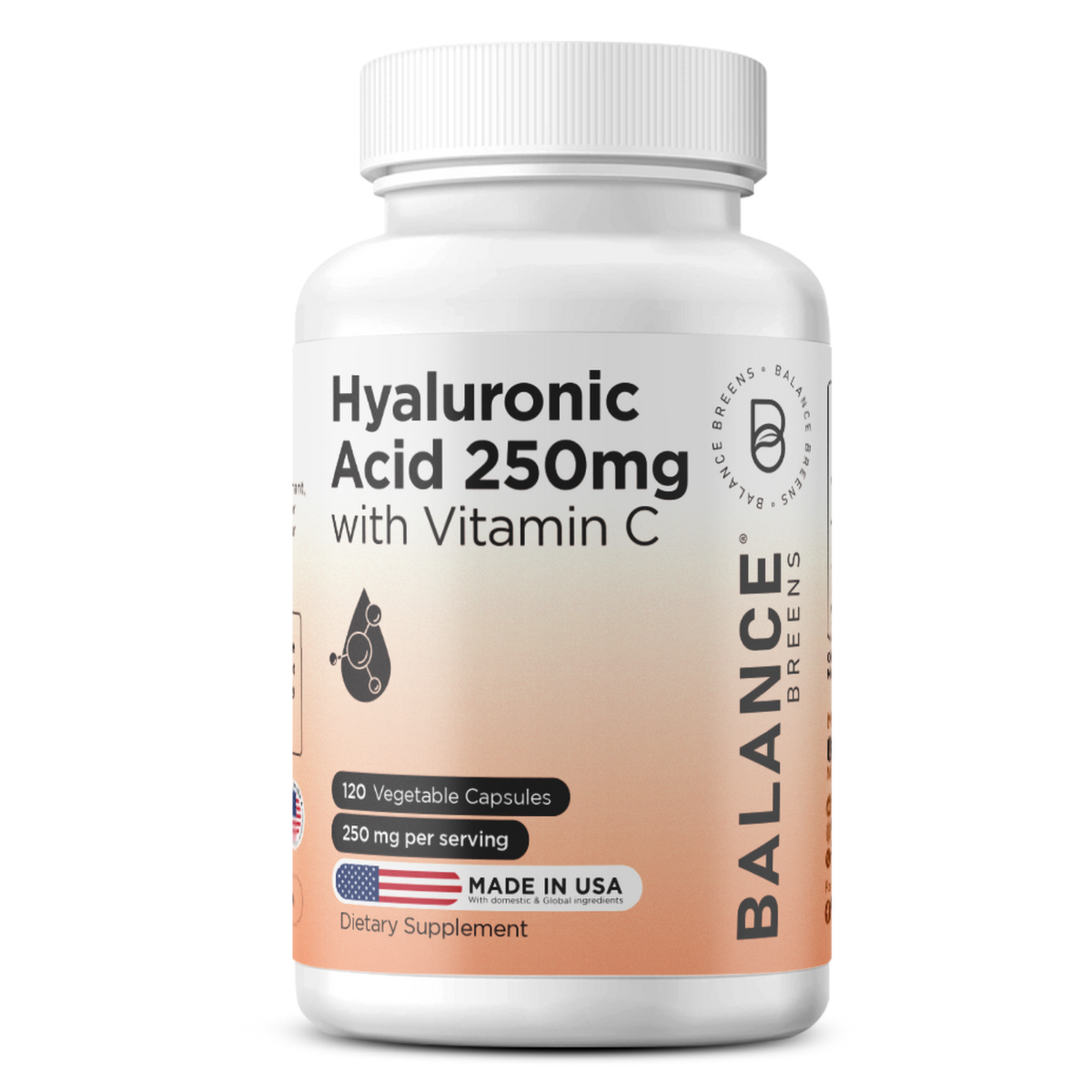 Pure Hyaluronic Acid Supplements 250mg with Vitamin C 50mg - 120 Vegan Capsules