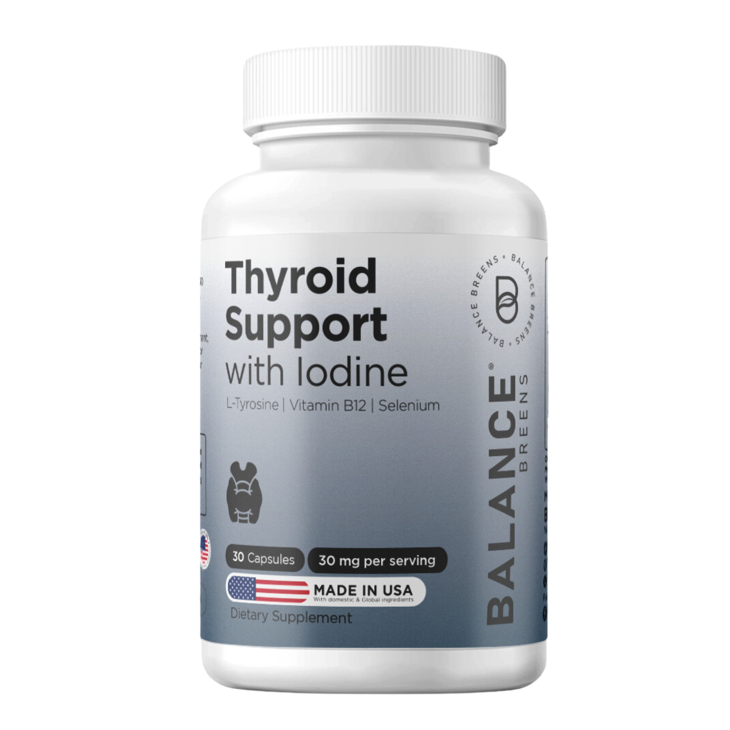 Balance Breens Thyroid Support Supplement for Women - Iodine, L-Tyrosine, Vitamin B12, Selenium - Energy, Metabolism & Focus Support Function - 30 Non-GMO Vegetable Capsules