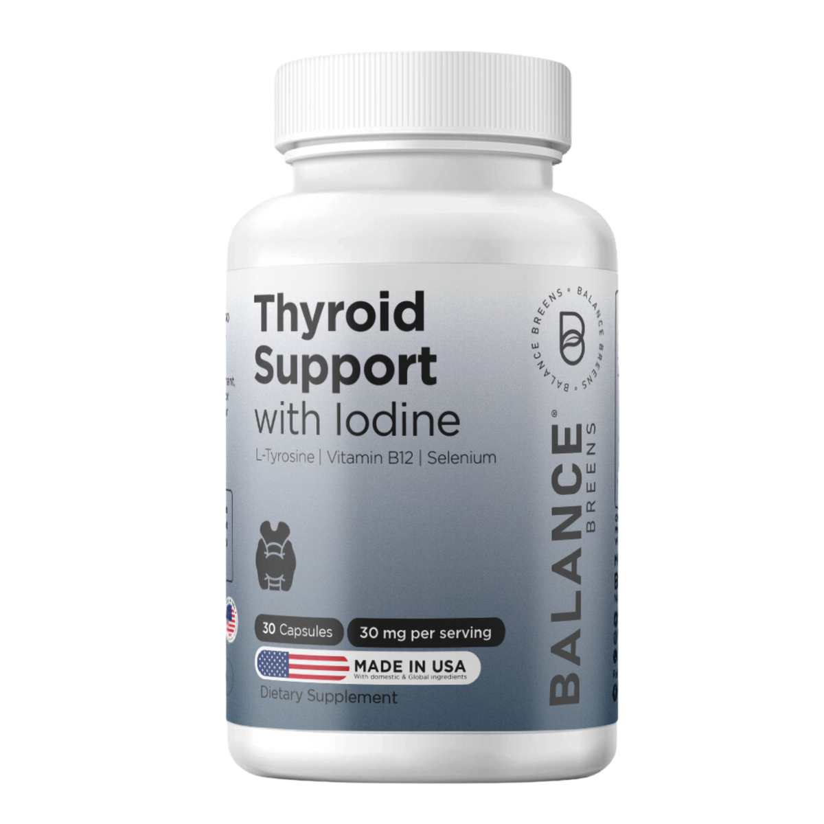 Balance Breens Thyroid Support Supplement for Women - Iodine, L-Tyrosine, Vitamin B12, Selenium - Energy, Metabolism & Focus Support Function - 30 Non-GMO Vegetable Capsules