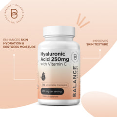 Pure Hyaluronic Acid Supplements 250mg with Vitamin C 50mg - 120 Vegan Capsules