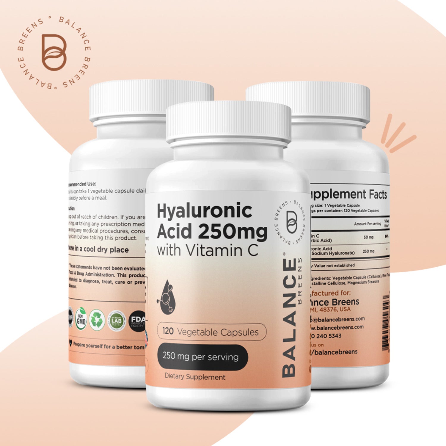 Hyaluronic Acid 250mg with Vitamin C 50mg, 120 Vegan Capsules
