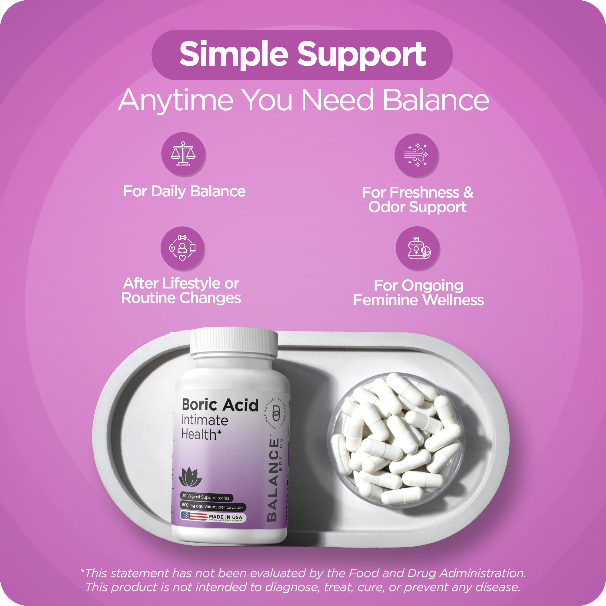 Boric Acid for Women, 600mg, 30 Vaginal Suppositories