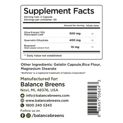 Balance Breens Immunity Booster Olive Leaf Extract 60 Capsules - Quercetin 400mg with Bioperine Black Pepper Extract