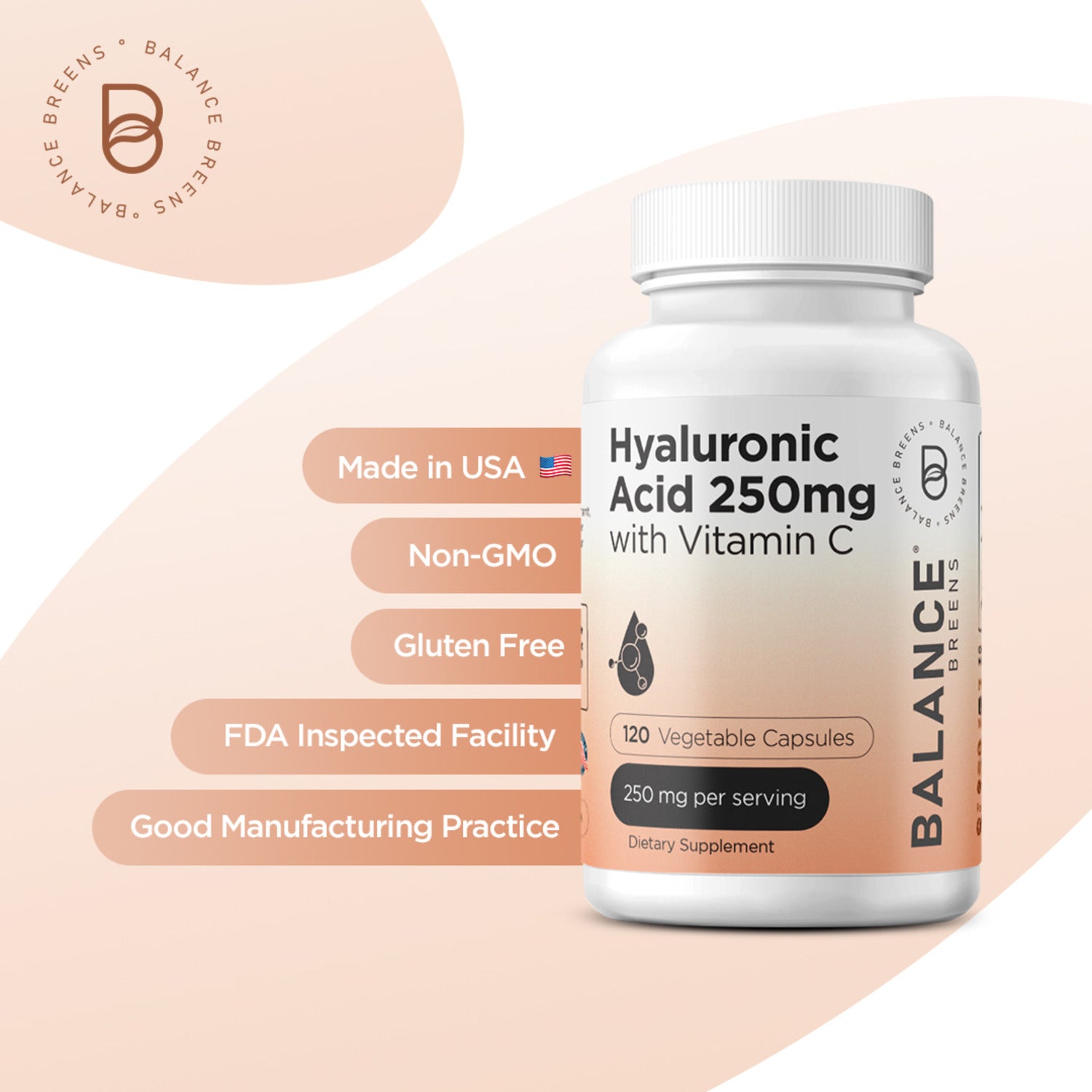 Hyaluronic Acid 250mg with Vitamin C 50mg, 120 Vegan Capsules