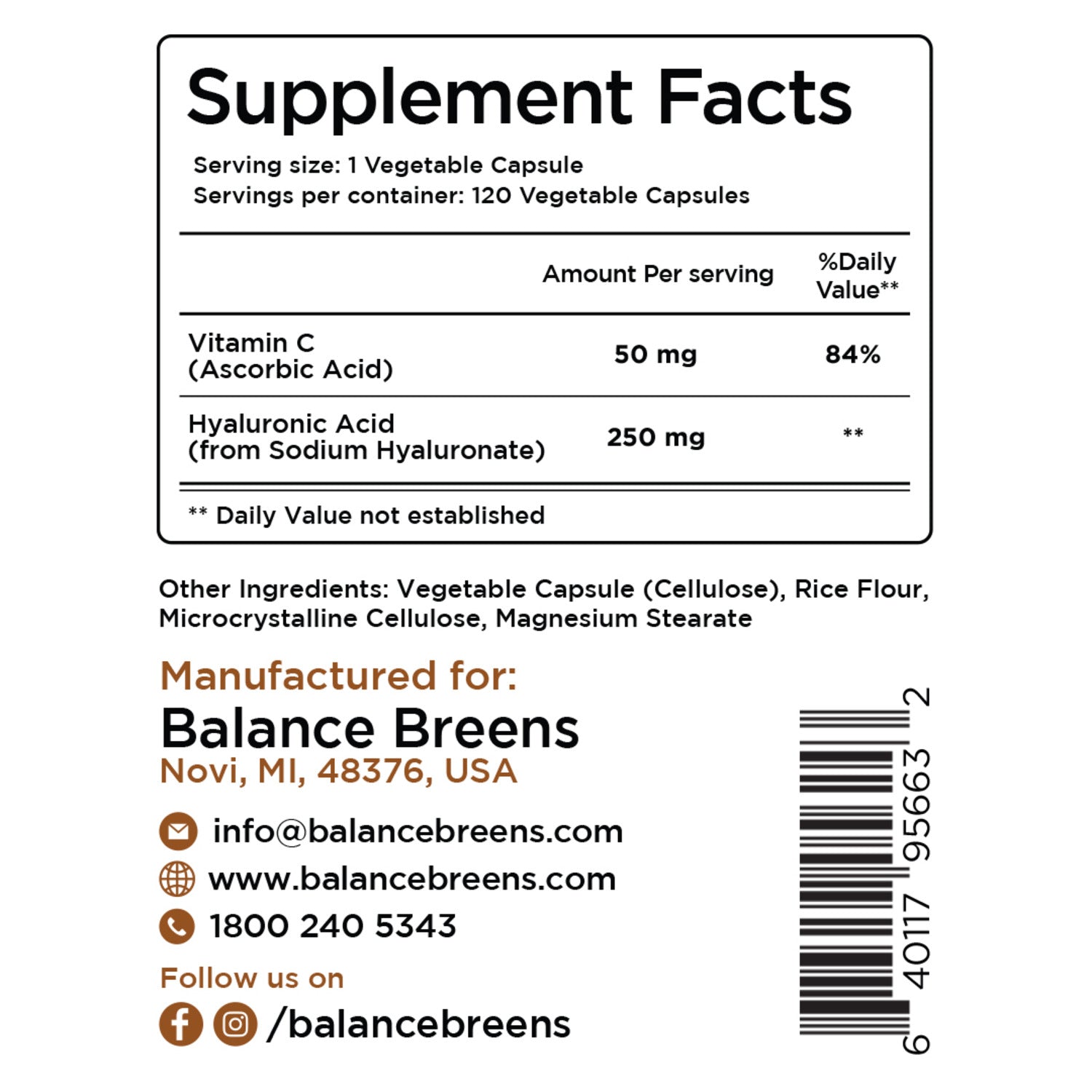 Hyaluronic Acid 250mg with Vitamin C 50mg, 120 Vegan Capsules