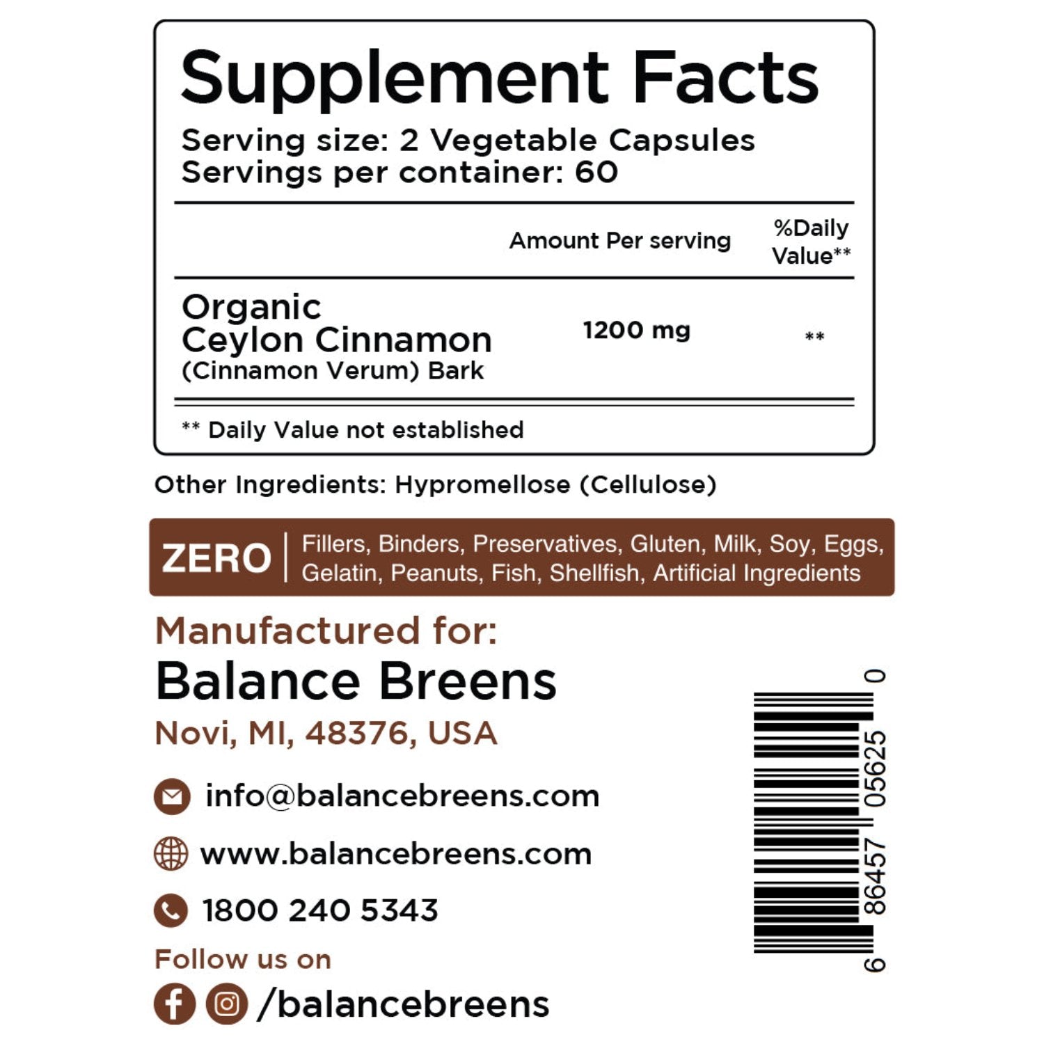 Organic Ceylon Cinnamon 1200mg, 120 Veggie Capsules