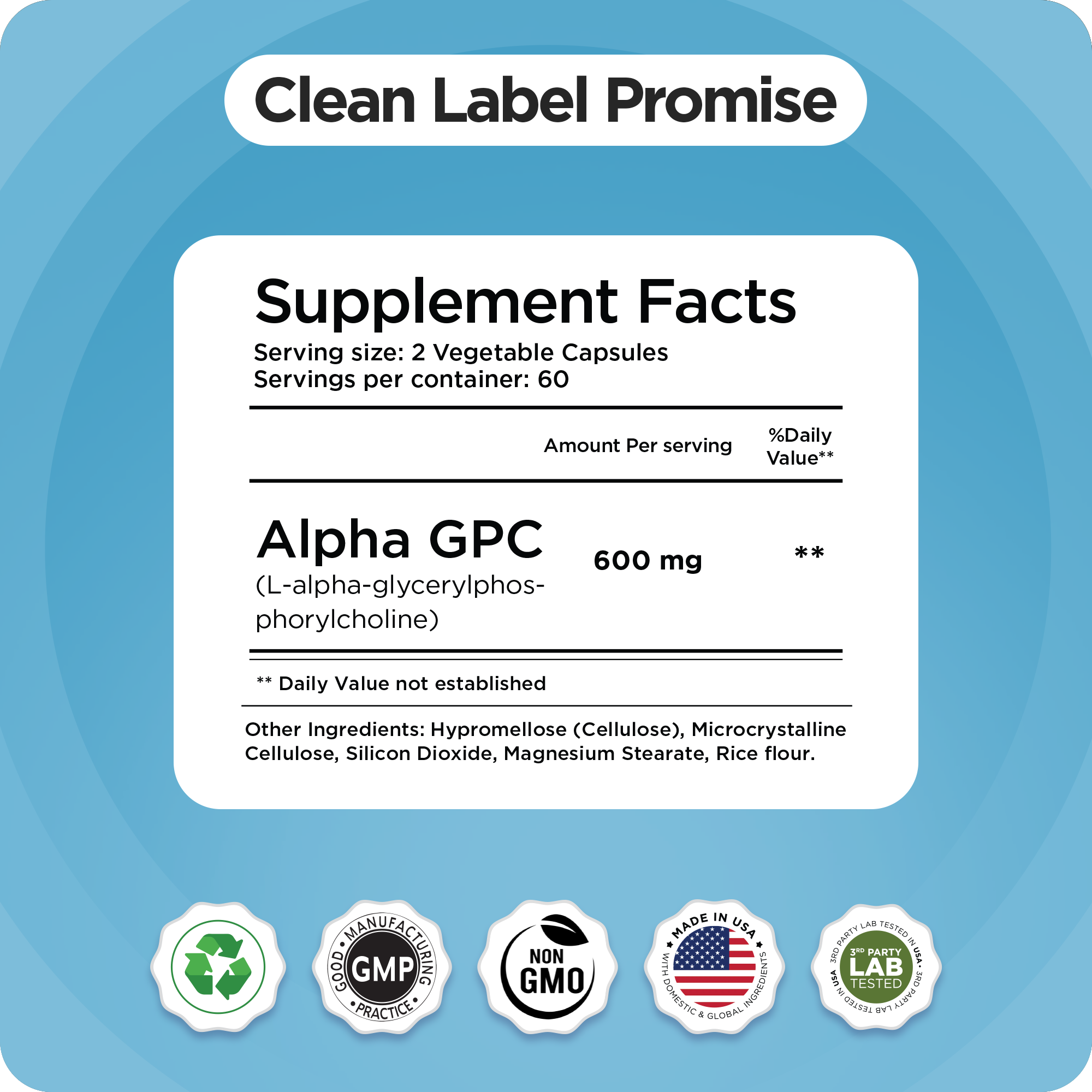 Alpha GPC Choline, 600mg per serving, 120 Veggie Capsules