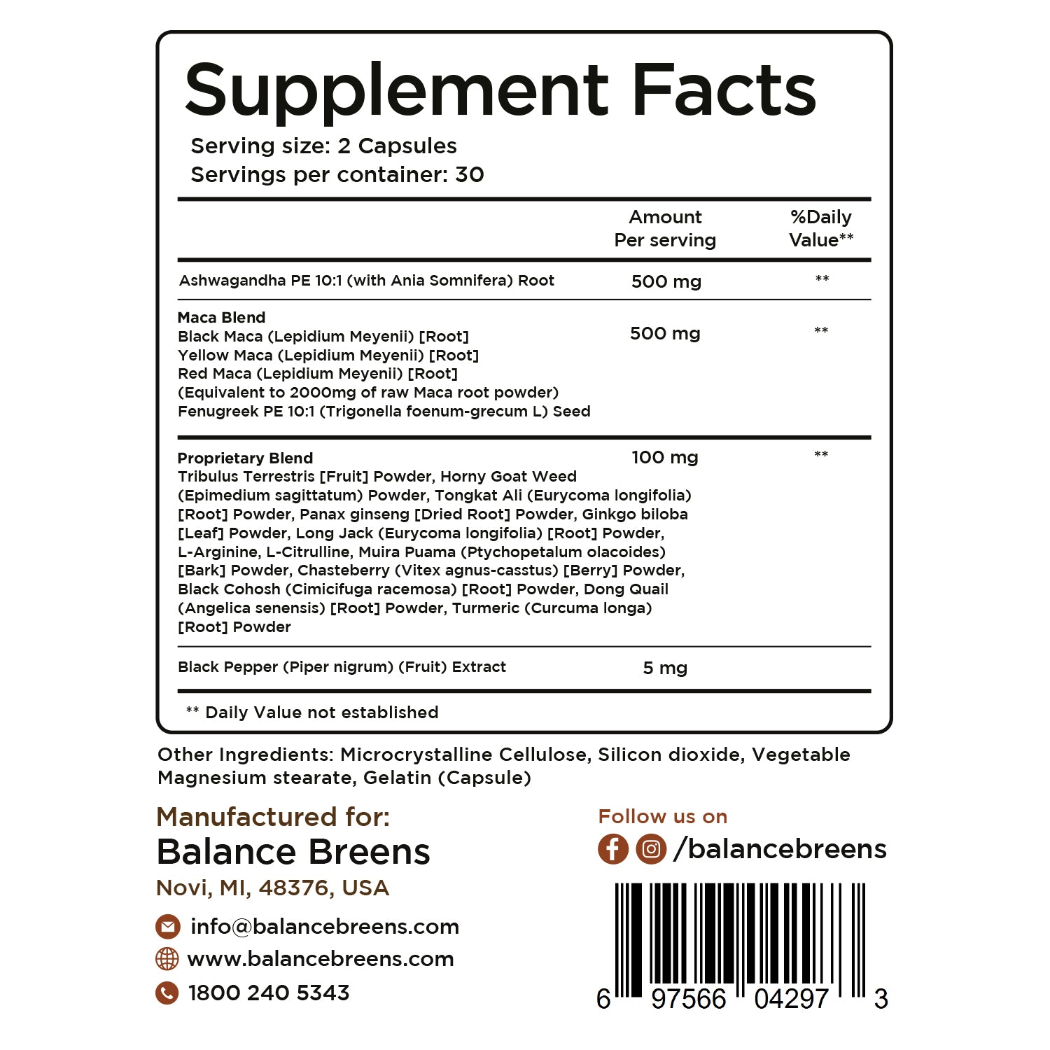 Ashwagandha, Maca Root, Fenugreek, 500mg, 60 Capsules