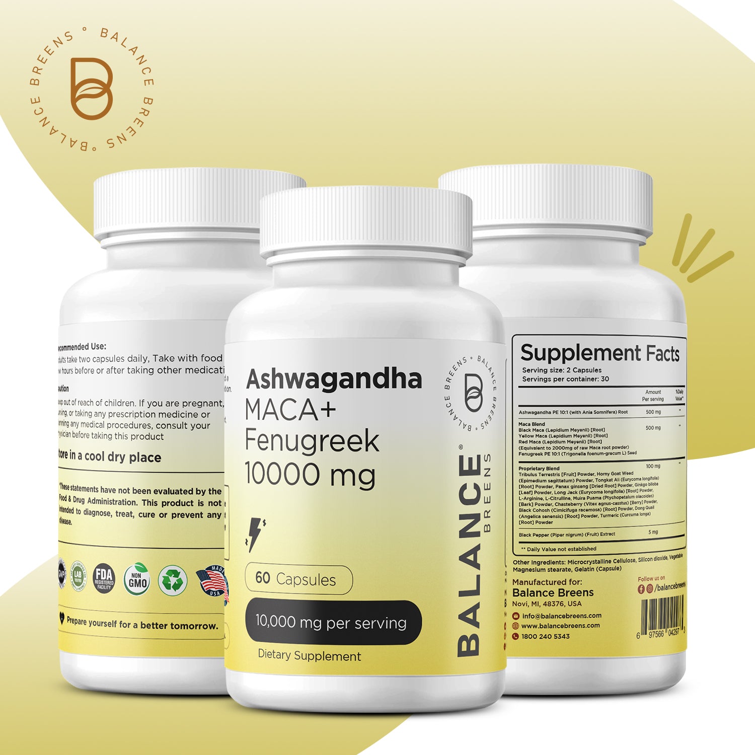 Ashwagandha, Maca Root, Fenugreek, 500mg, 60 Capsules