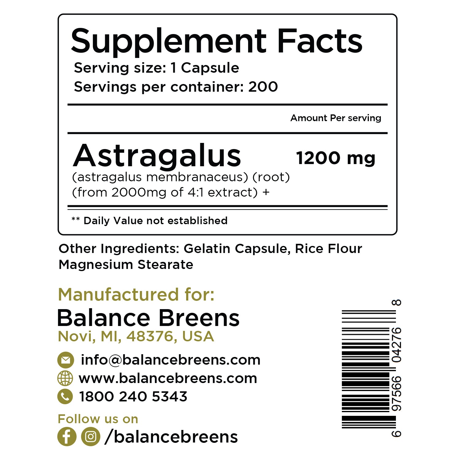 Astragalus, 2000mg per serving, 200 Capsules