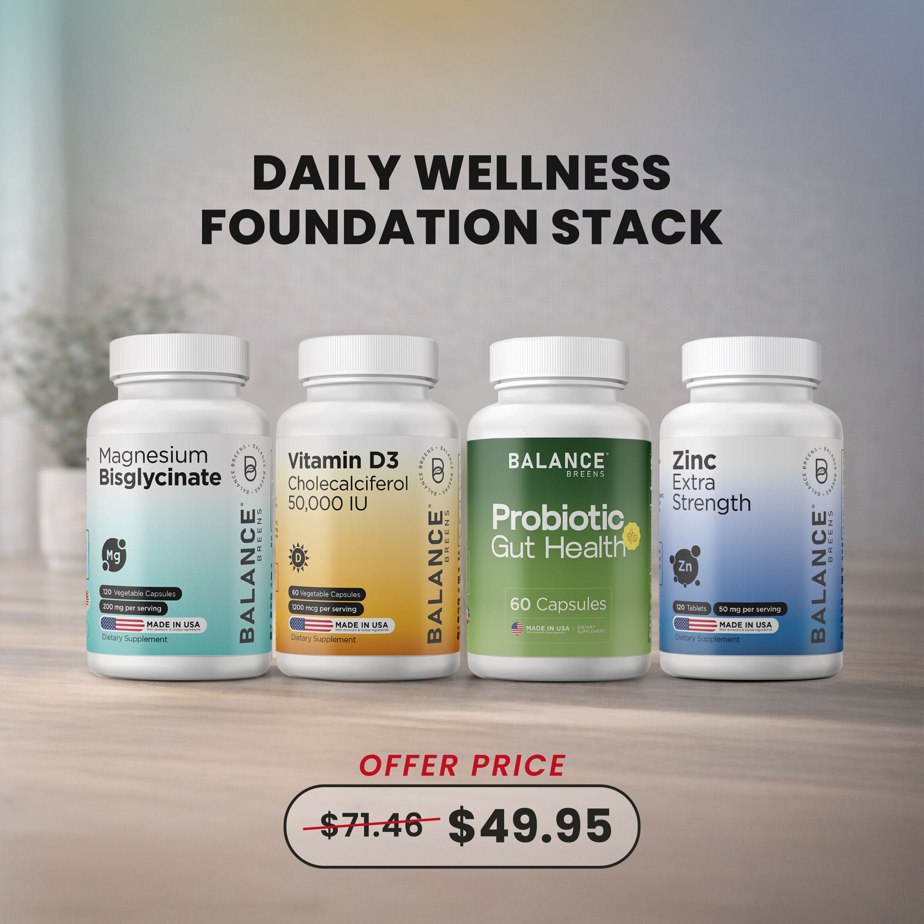 Daily Wellness Foundation Stack: Magnesium + Vitamin D3 + Zinc + Probiotic