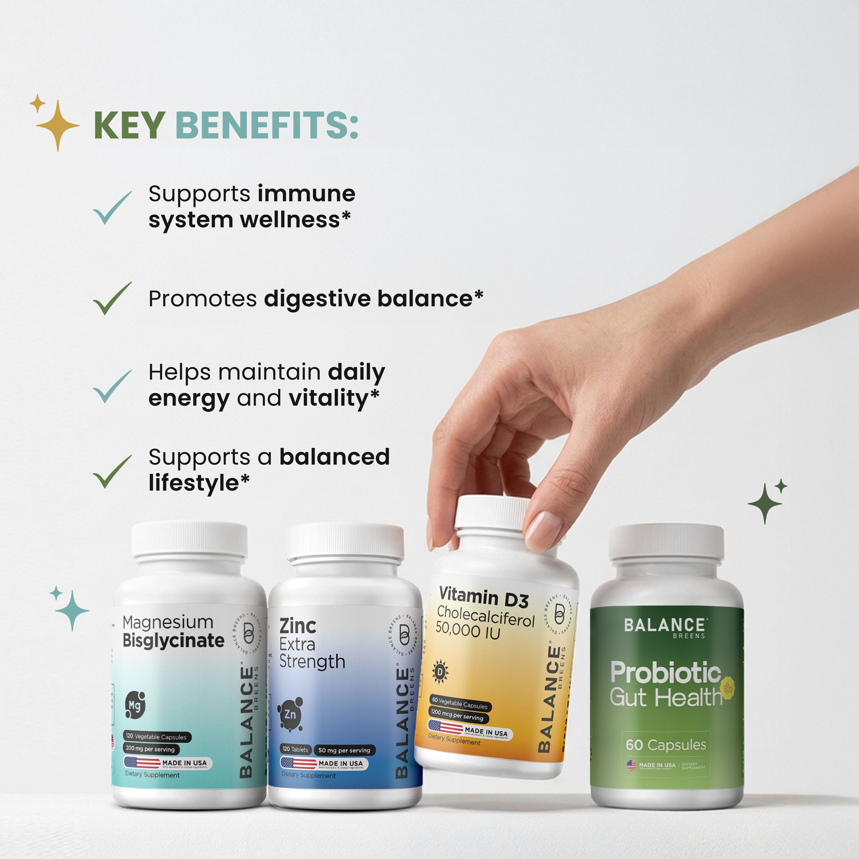 Daily Wellness Foundation Stack: Magnesium + Vitamin D3 + Zinc + Probiotic