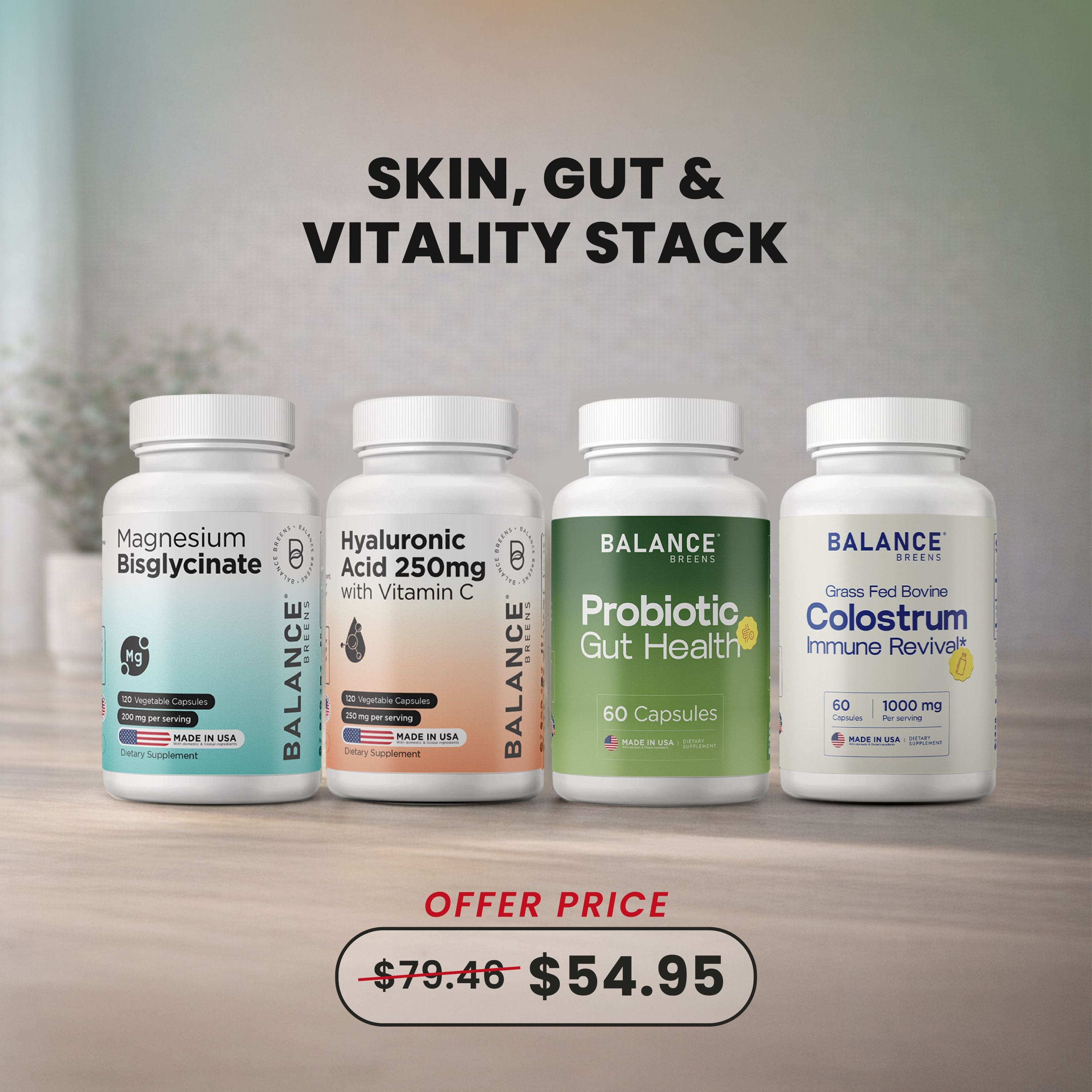 Skin, Gut & Vitality Stack: Hyaluronic Acid + Probiotic + Magnesium + Colostrum