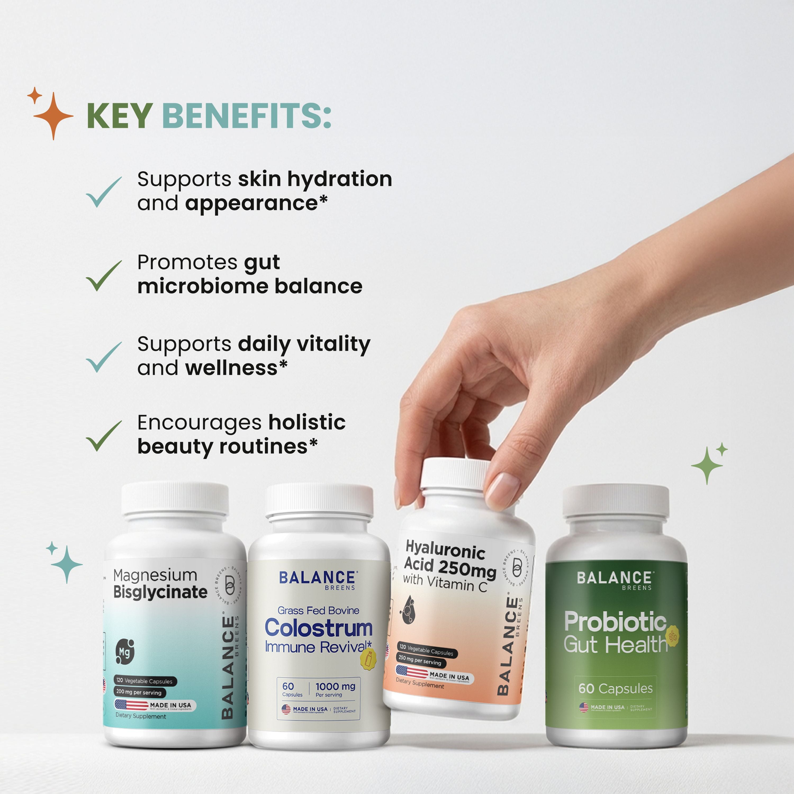 Skin, Gut & Vitality Stack: Hyaluronic Acid + Probiotic + Magnesium + Colostrum
