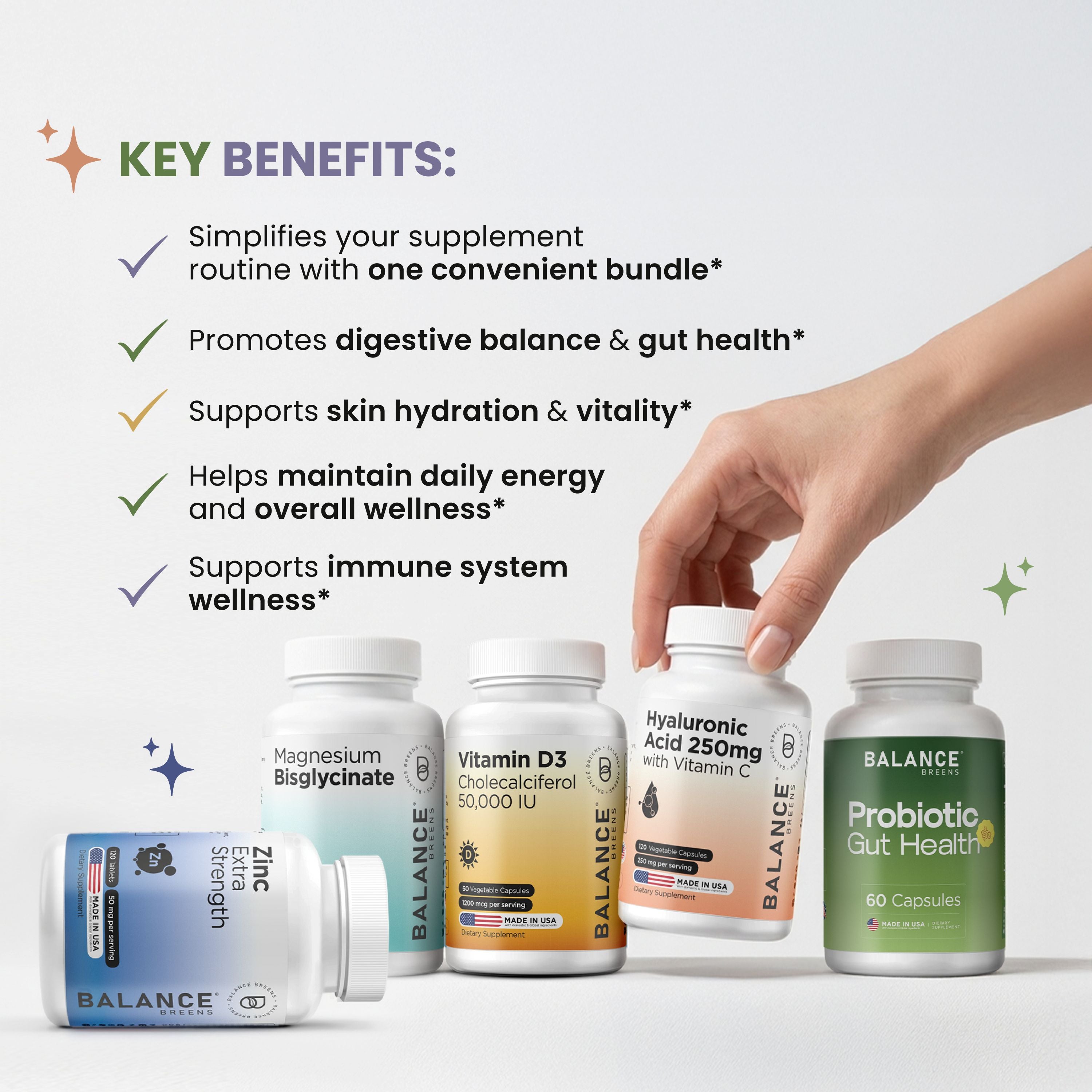 Total Wellness Routine StackMagnesium + Vitamin D3 + Zinc + Probiotic + Hyaluronic Acid