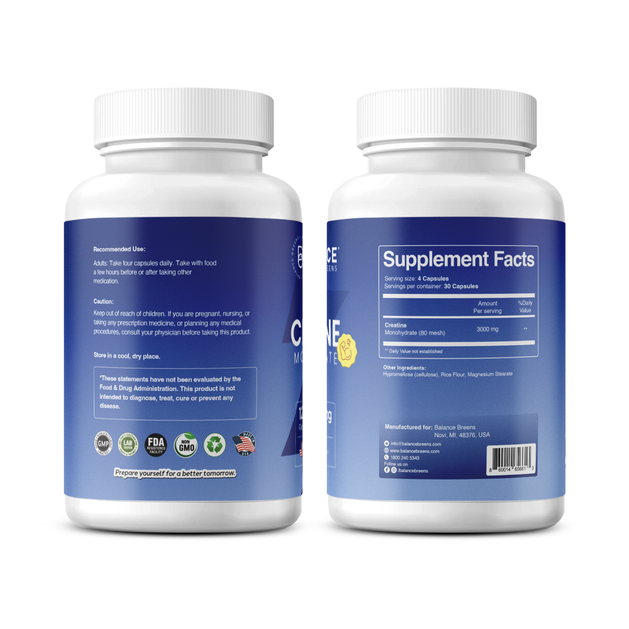 Creatine Monohydrate Supplement, 3000mg per serving, 120 Capsules