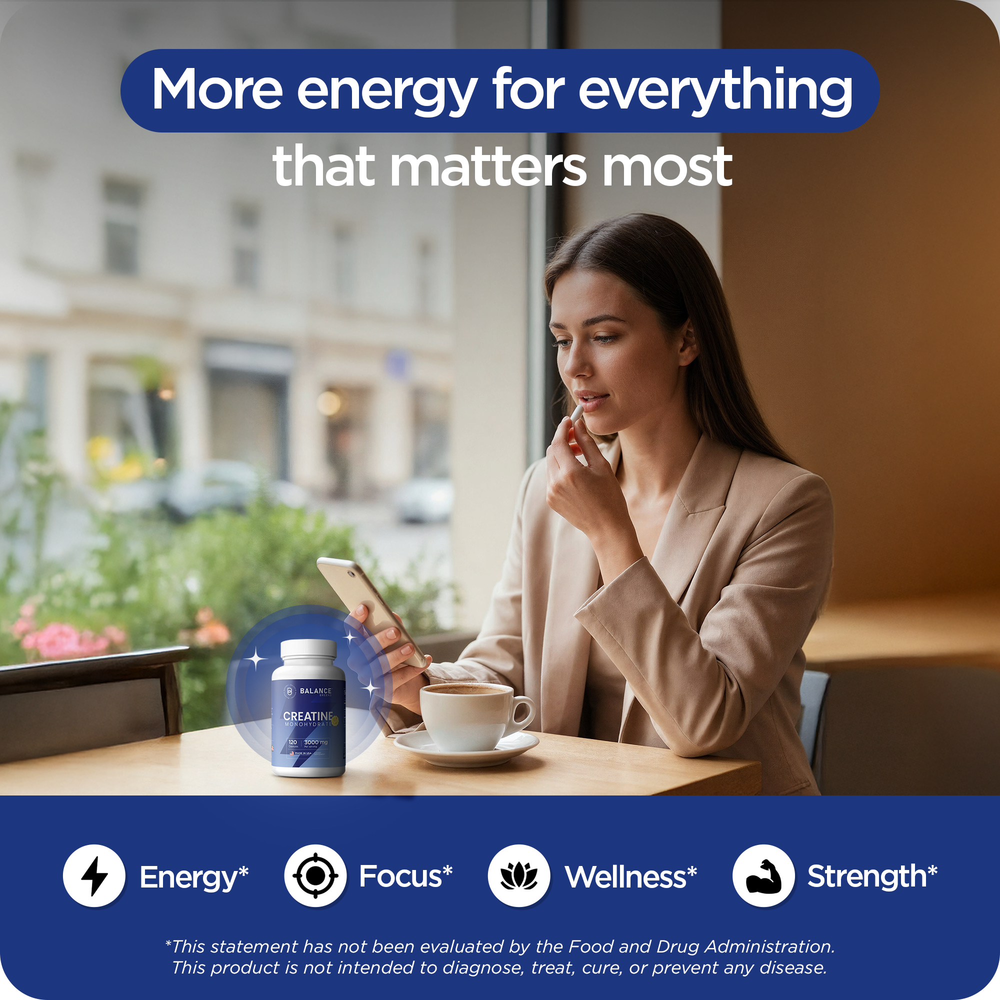 Creatine Monohydrate Supplement, 3000mg per serving, 120 Capsules