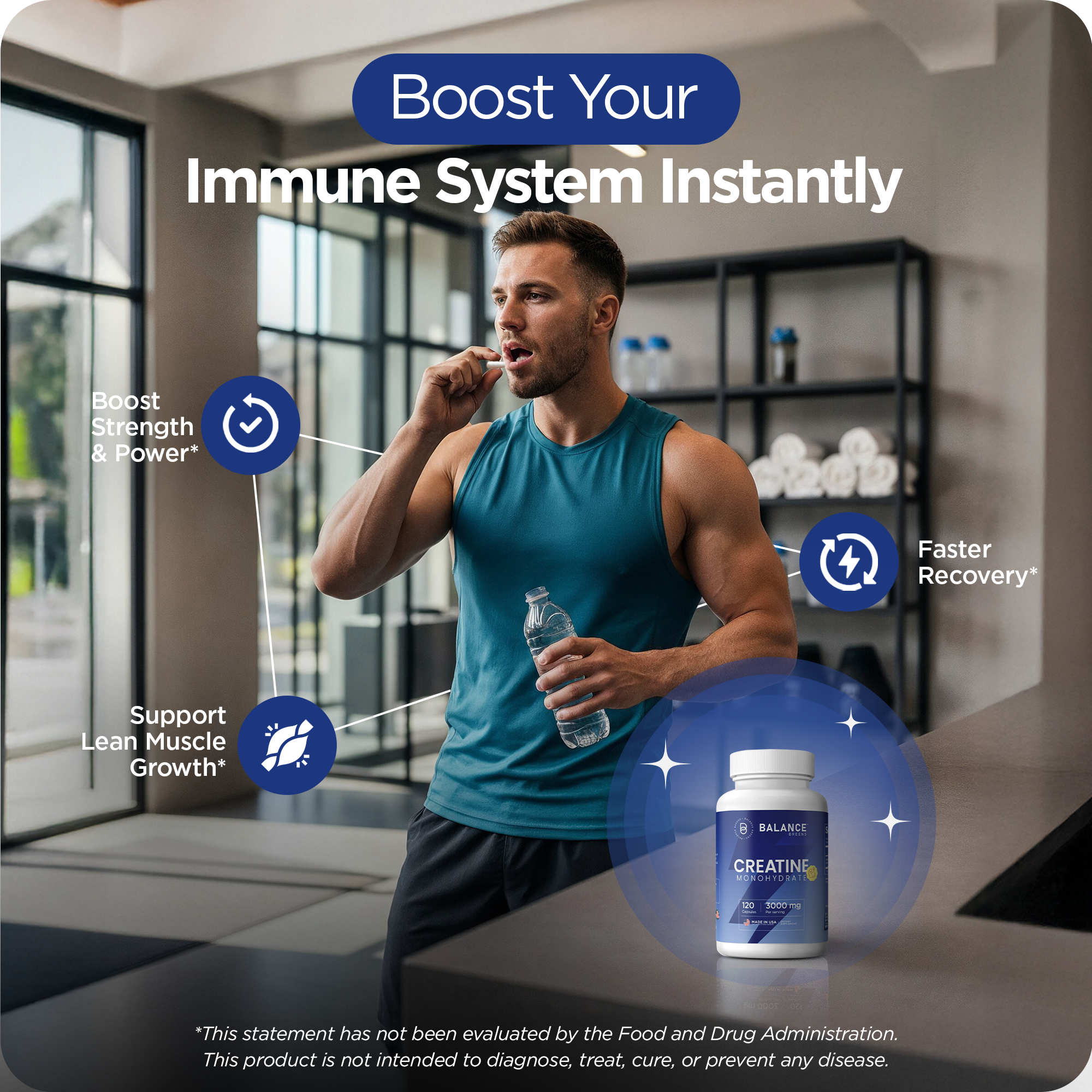 Creatine Monohydrate Supplement, 3000mg per serving, 120 Capsules