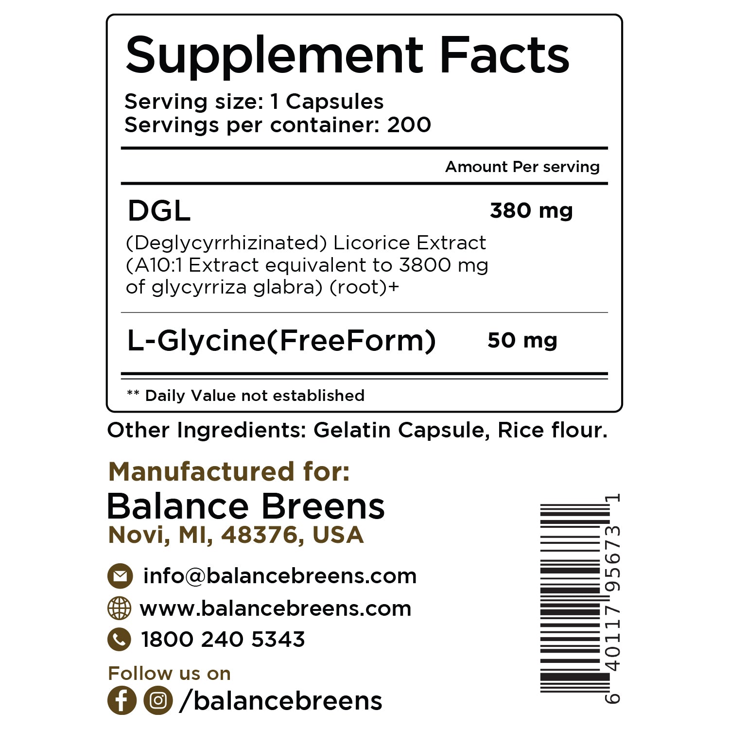 DGL Licorice Extract 3800mg per serving, 200 Capsules