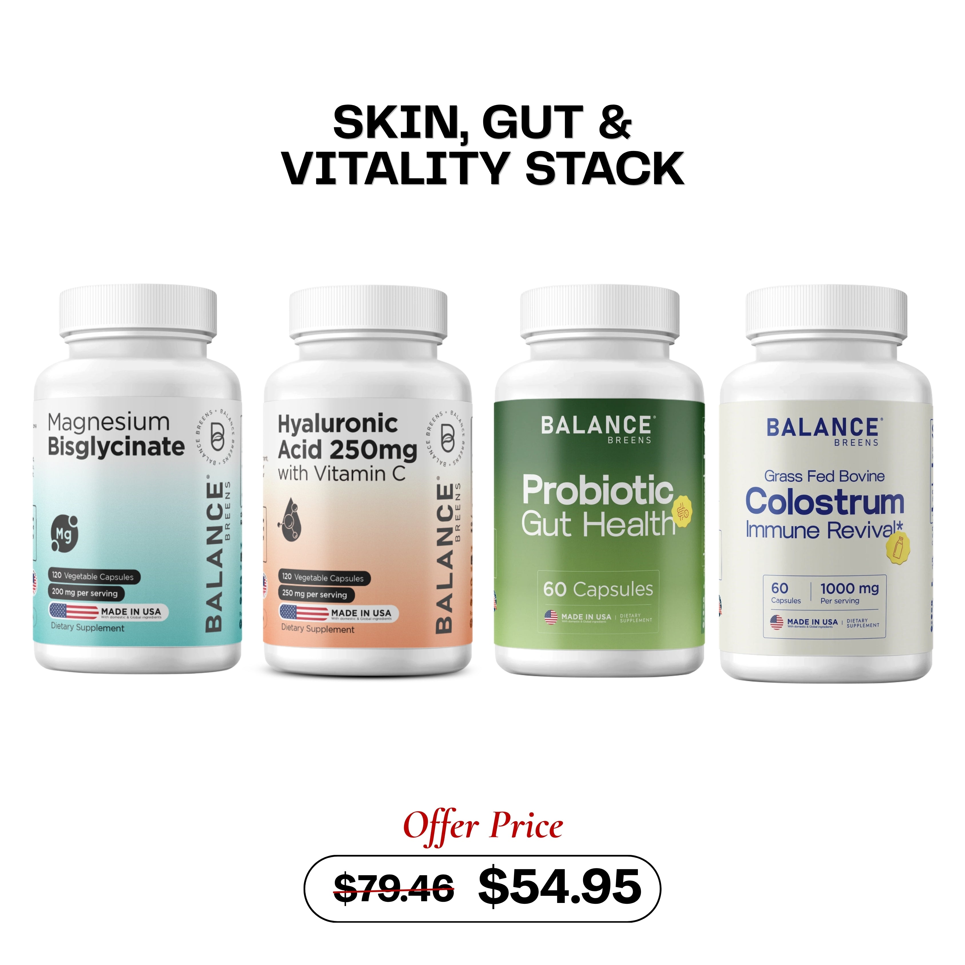 Skin, Gut & Vitality Stack: Hyaluronic Acid + Probiotic + Magnesium + Colostrum